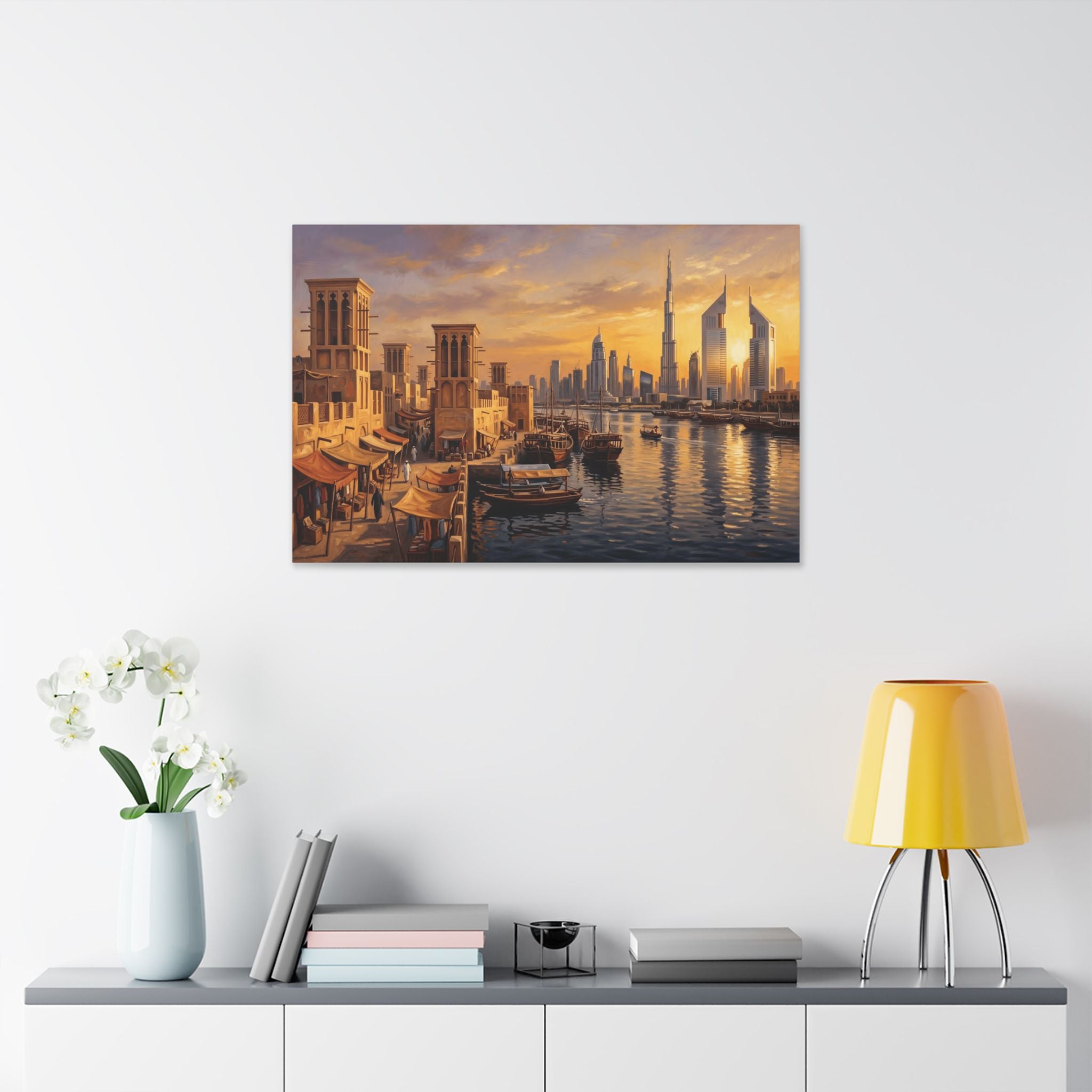 Dubai Skyline Canvas Print — Sunset Old Town Harbor Wall Art