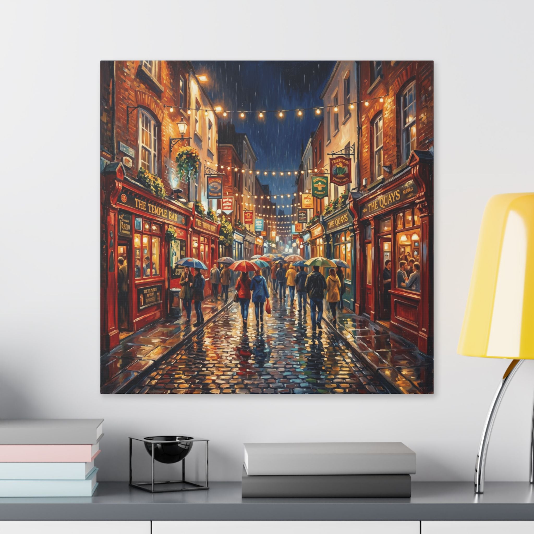 Temple Bar Dublin - Rainy City Street Canvas Wall Art - Cozy Evening Pub Scene Stretched Canvas