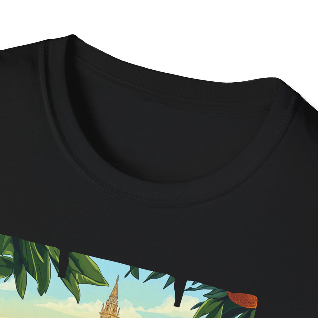 Valencia vintage travel postcard T-Shirt | Spain city skyline, oranges, palm leaves