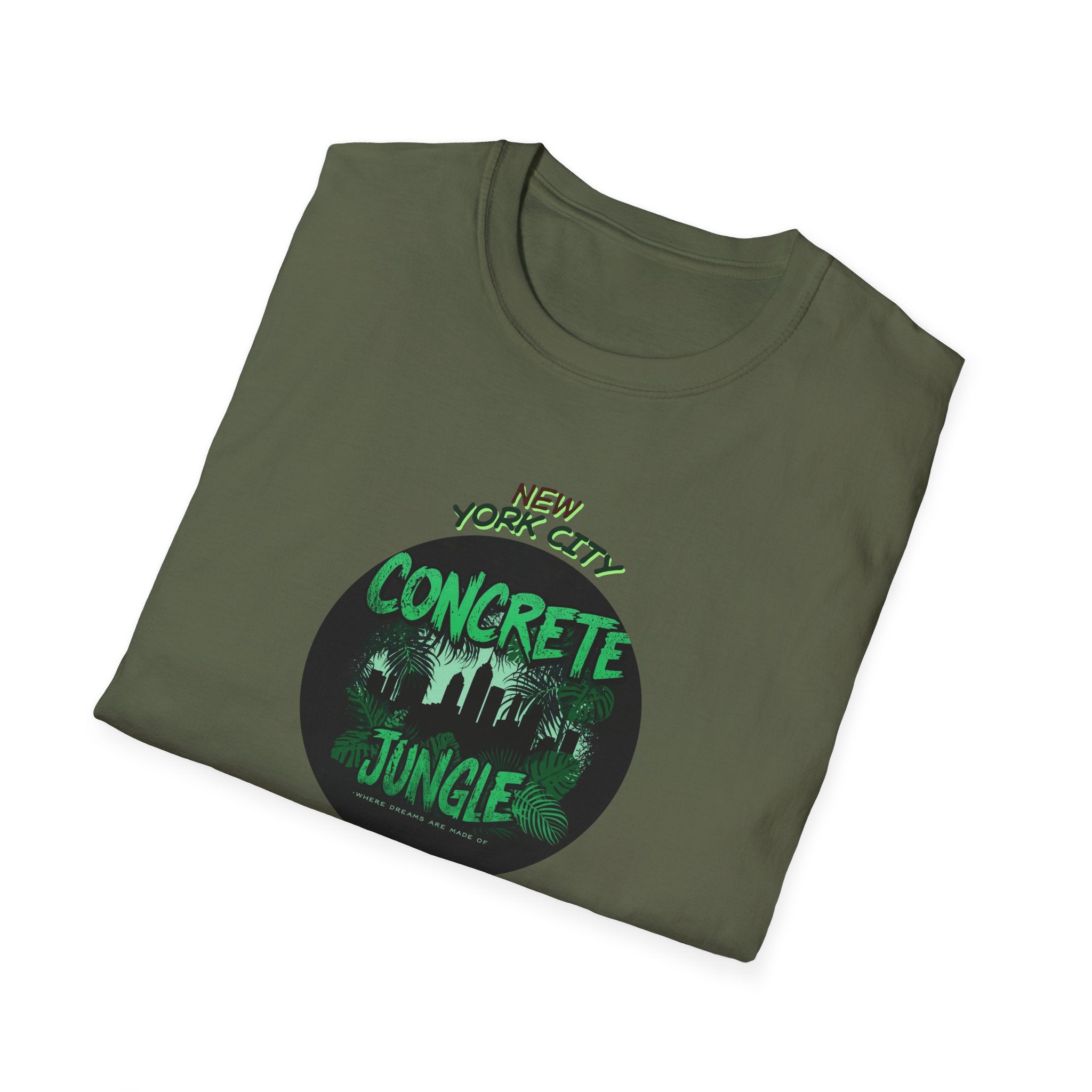 New York City Concrete Jungle T-Shirt | Skyline Silhouette, Green Badge