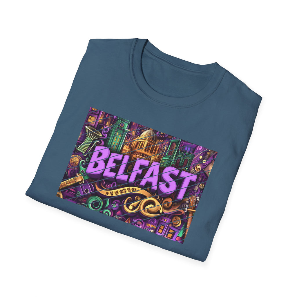 Belfast Neon Script T-Shirt | Retro Rainbow Stripes