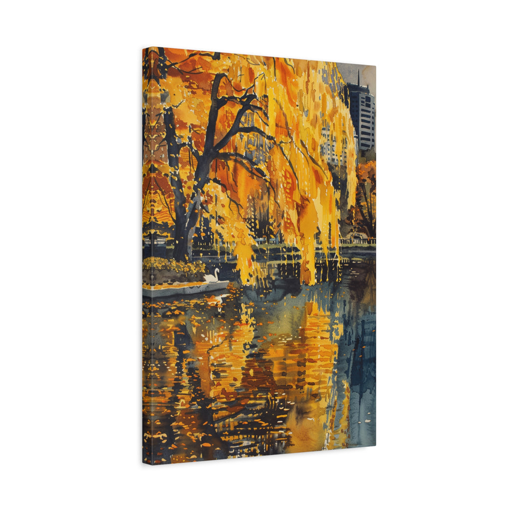 Boston Skyline with Hancock Tower in the background -Autumn Cityscape Canvas - Golden Willow Lake Stretched Wall Art