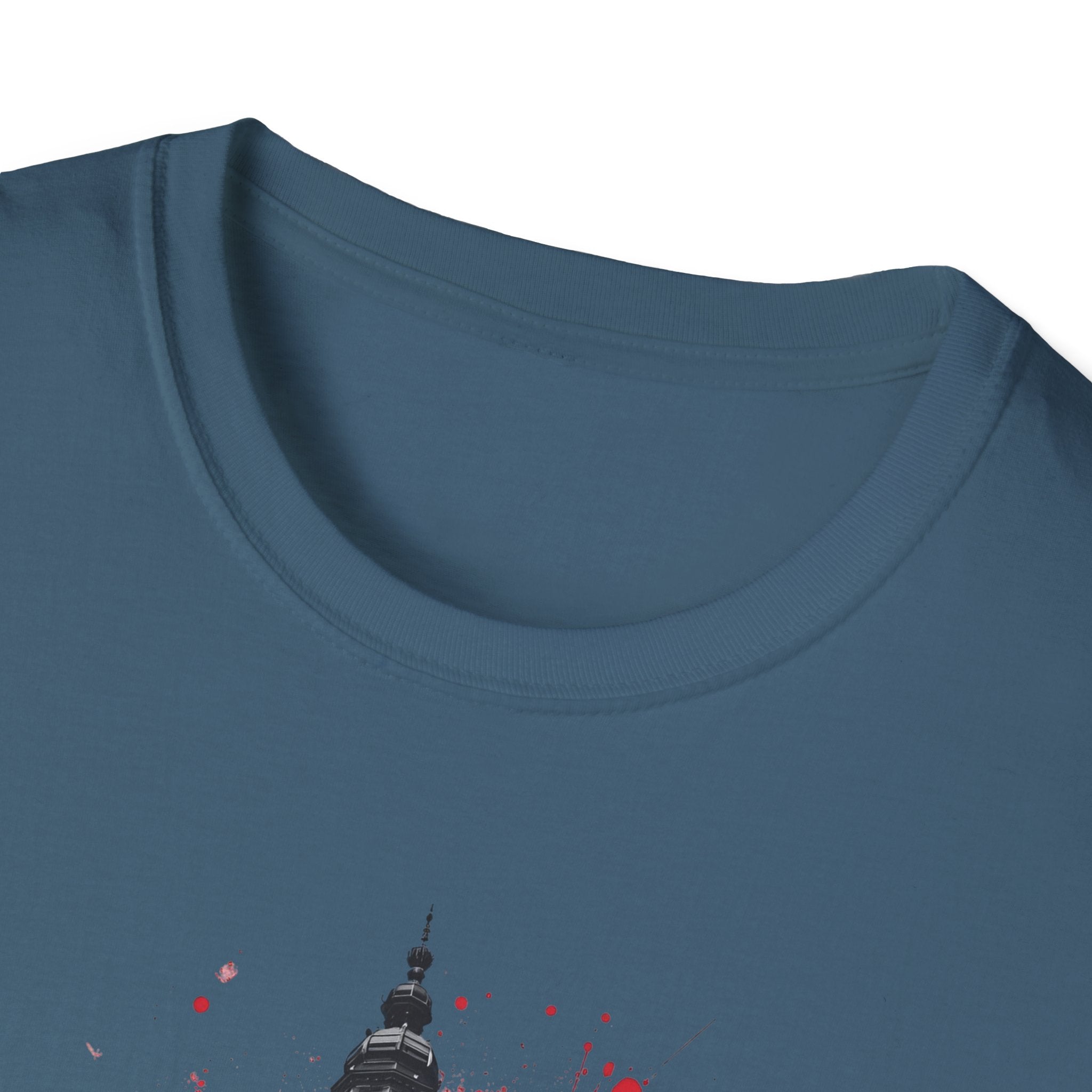 Munich Football Illustration T-Shirt | Soccer Ball, Clock Tower, Red Paint Splatter