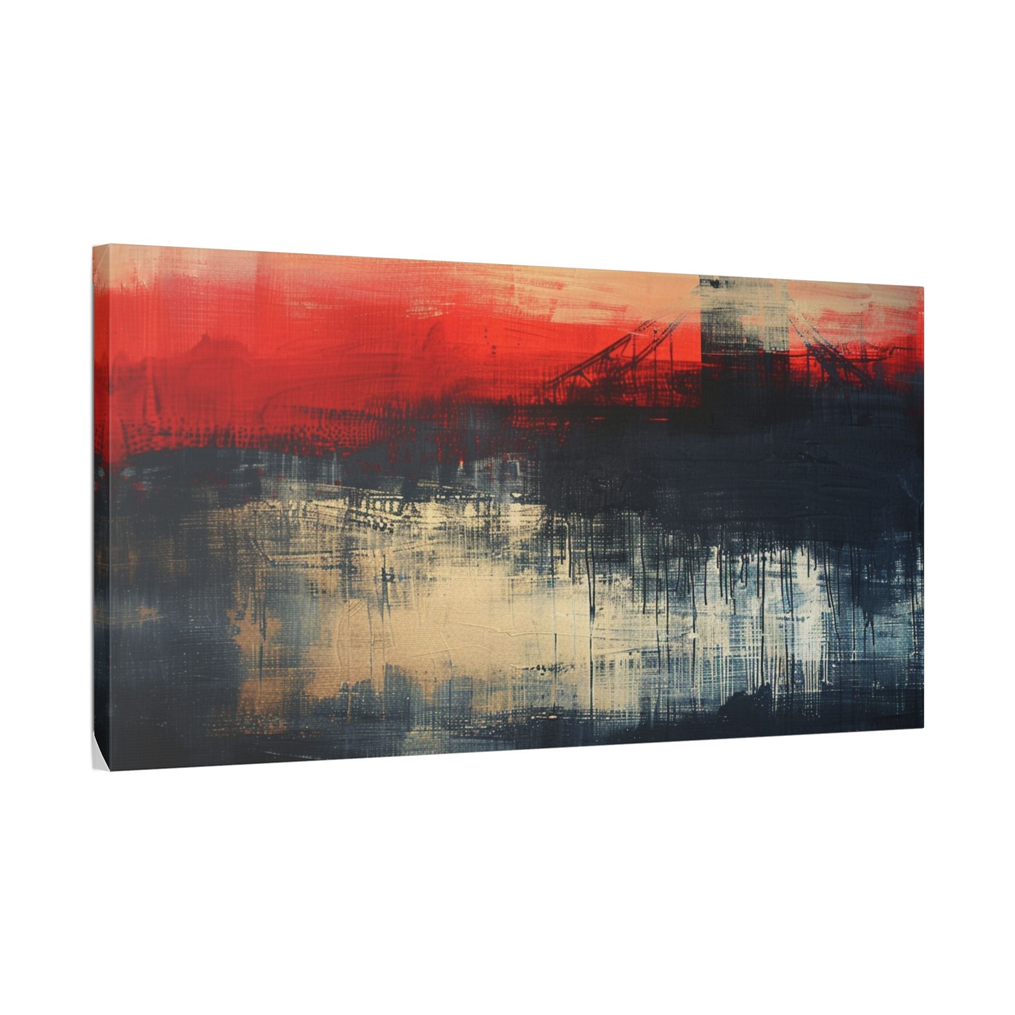 Abstract London Bridge Canvas Wall Art – Red & Navy Stretched Painting