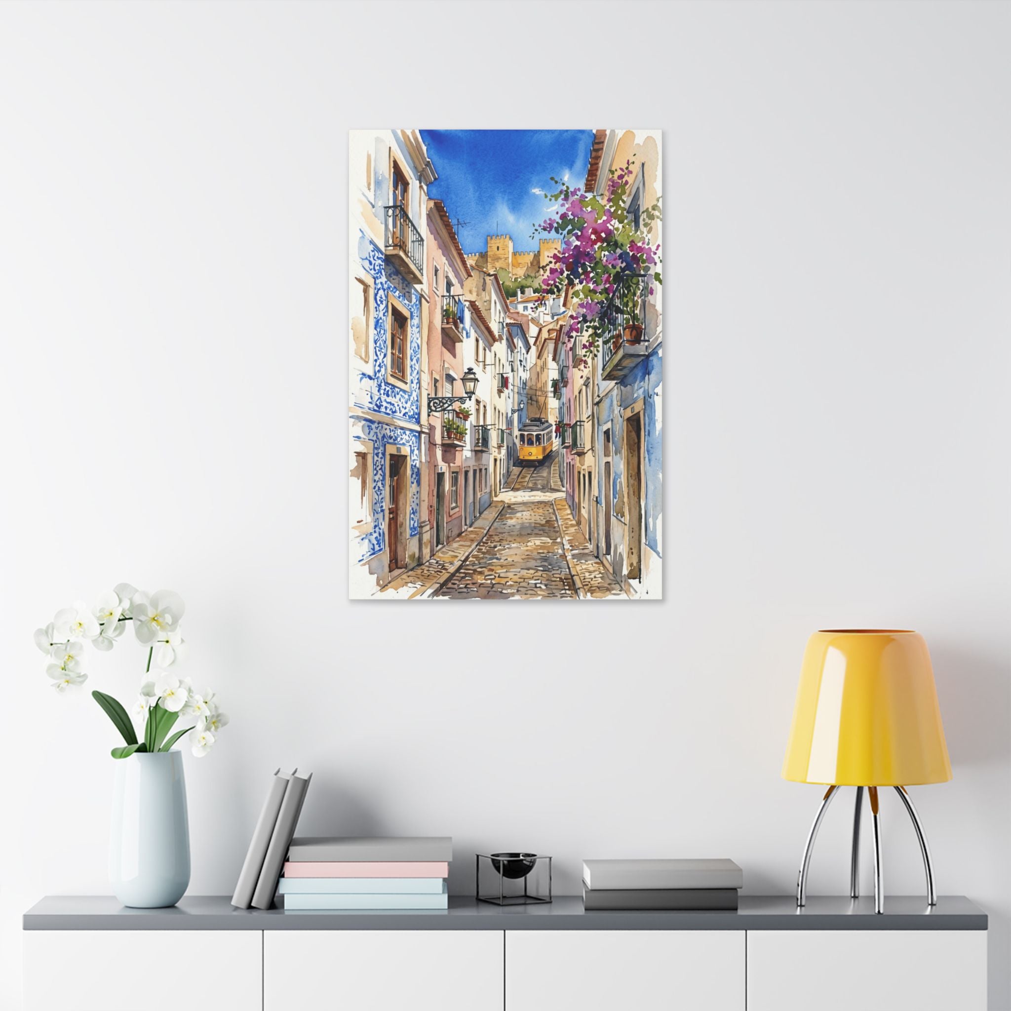 Lisbon Street Watercolor Canvas Print — Classic European Alley Travel Wall Art