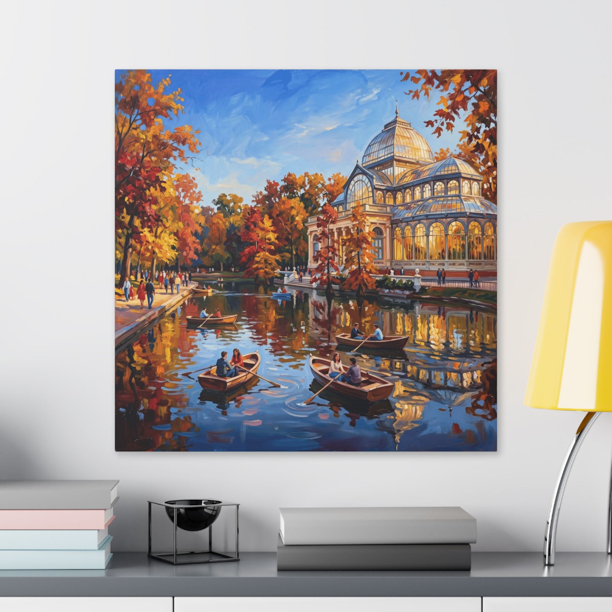 Madrid Retiro Park - Autumn Evening Rowboats — Stretched Canvas Wall Art