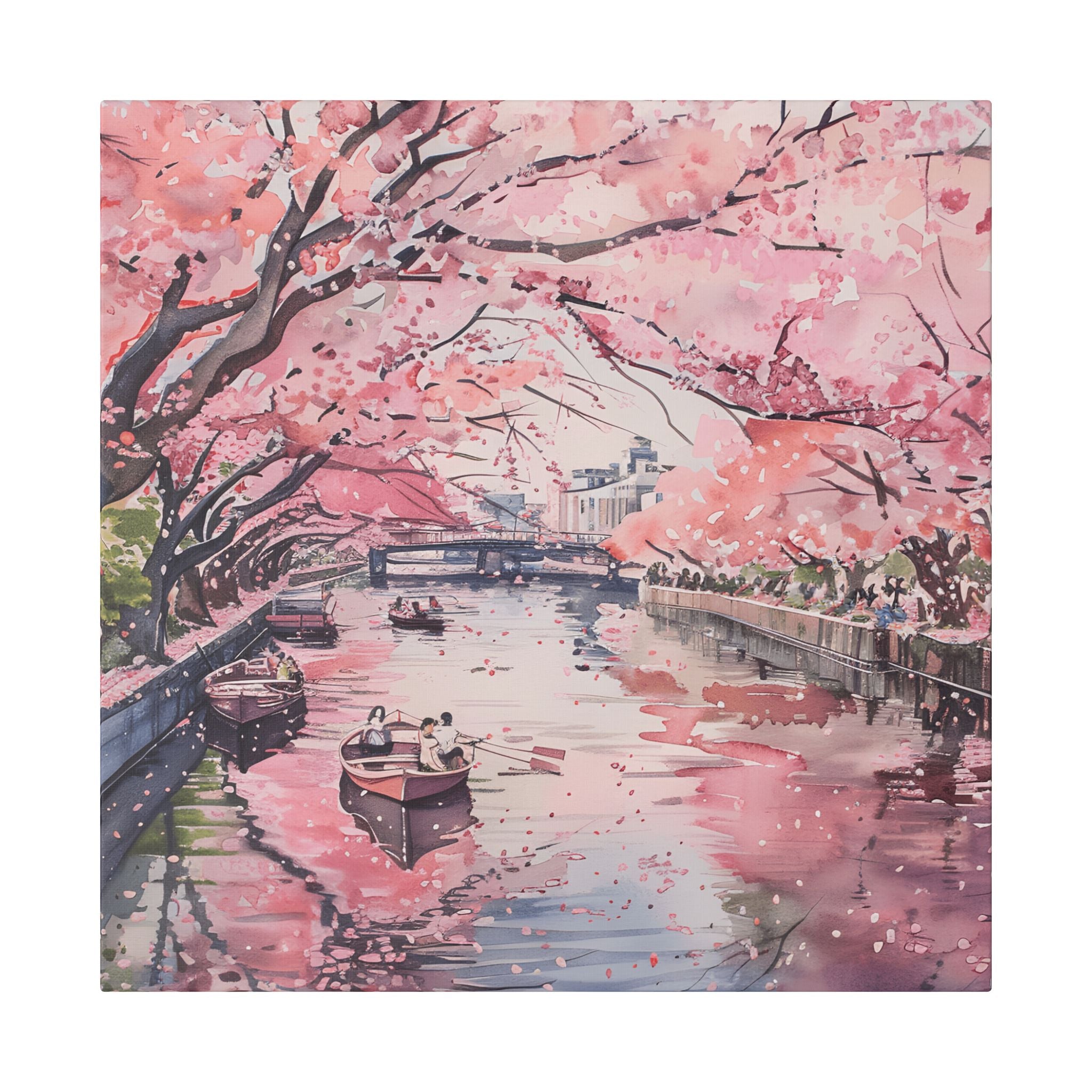 Tokyo Chidorigafuchi - Cherry Blossom Canal Stretched Canvas — Pink Sakura Wall Art