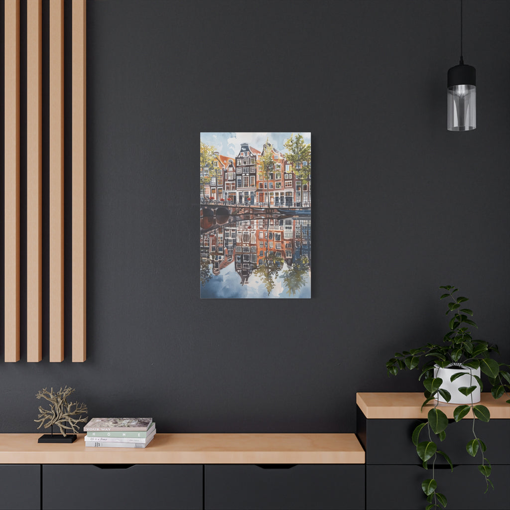 Amsterdam Canal Reflection Canvas Print — European Cityscape Wall Art