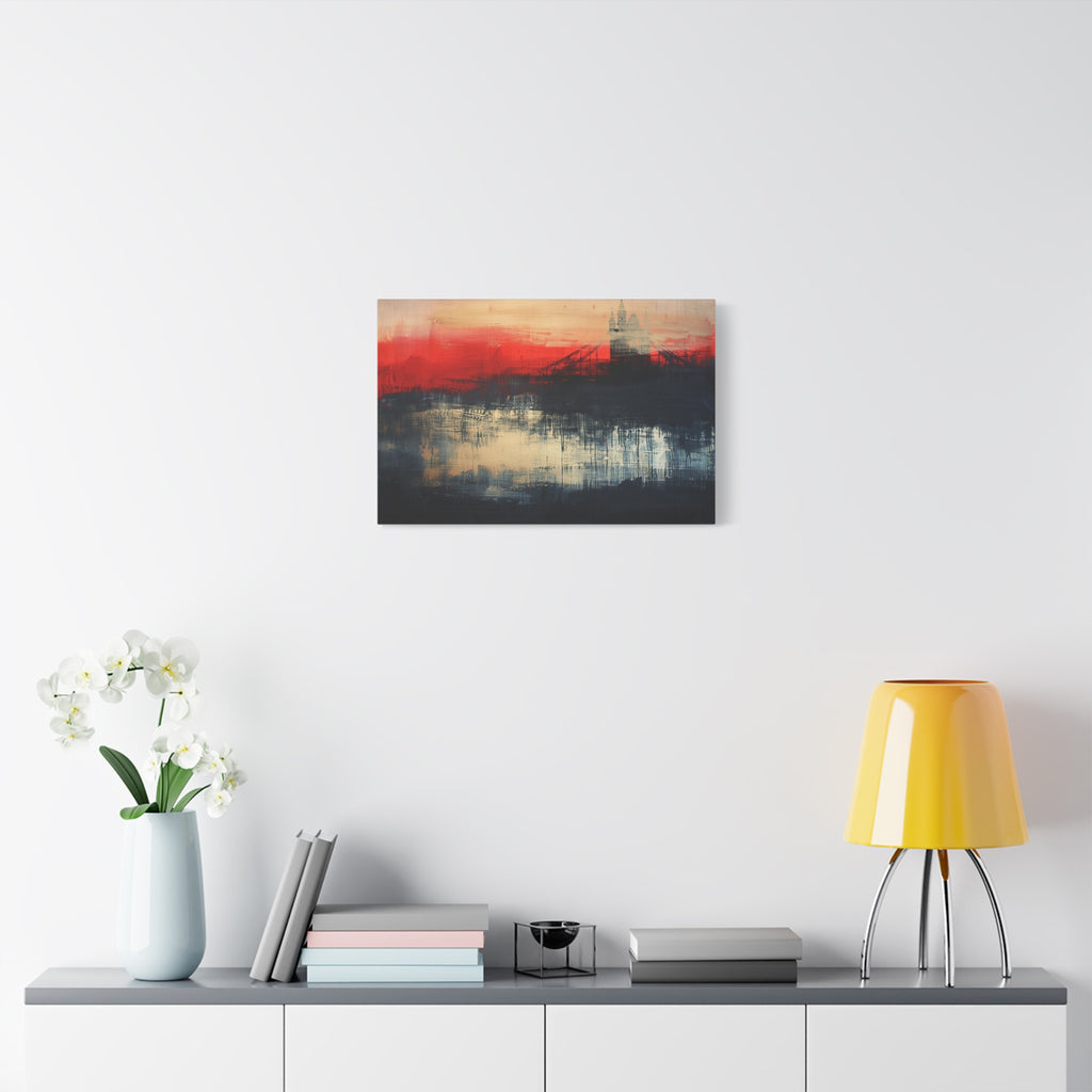 Abstract London Bridge Canvas Wall Art – Red & Navy Stretched Painting
