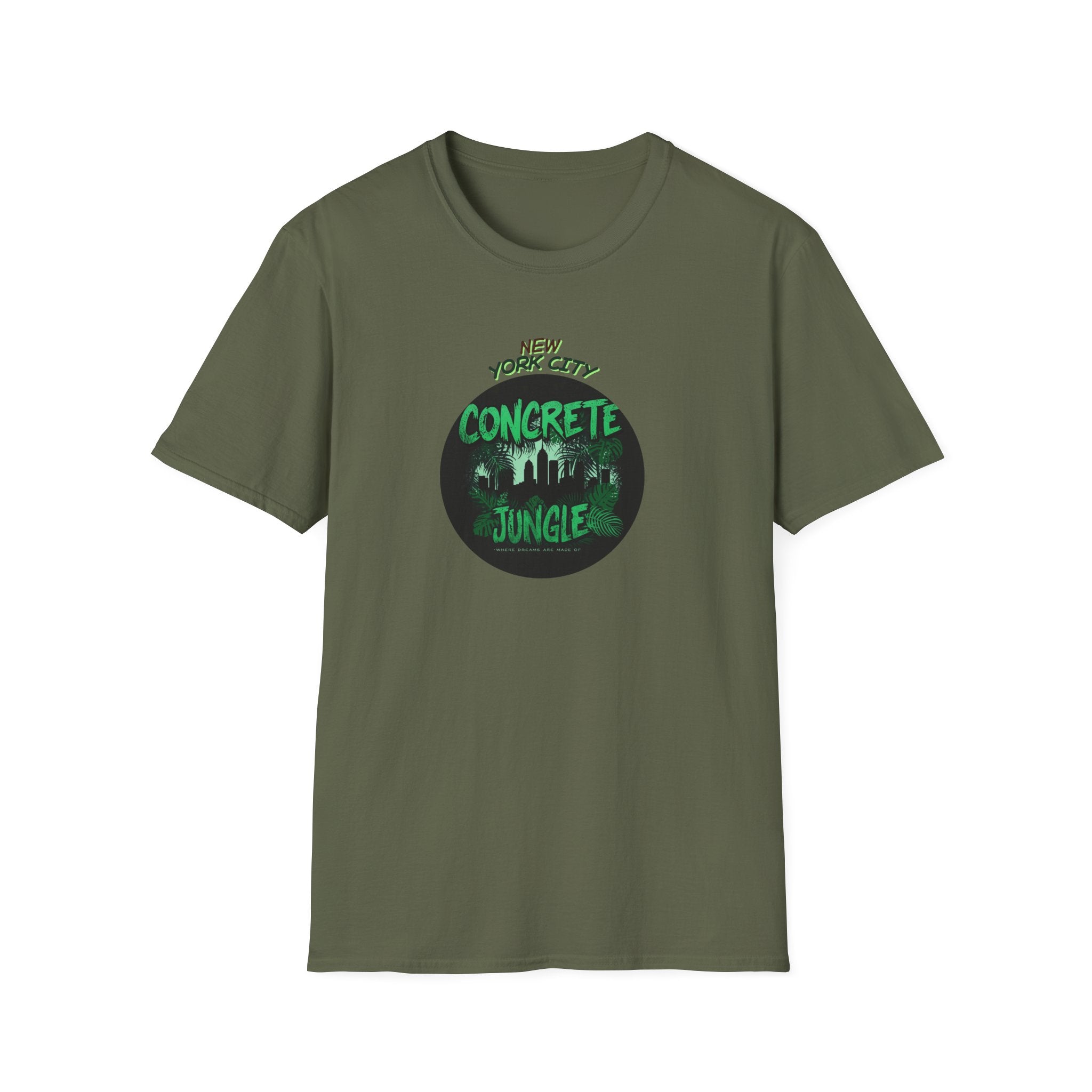 New York City Concrete Jungle T-Shirt | Skyline Silhouette, Green Badge