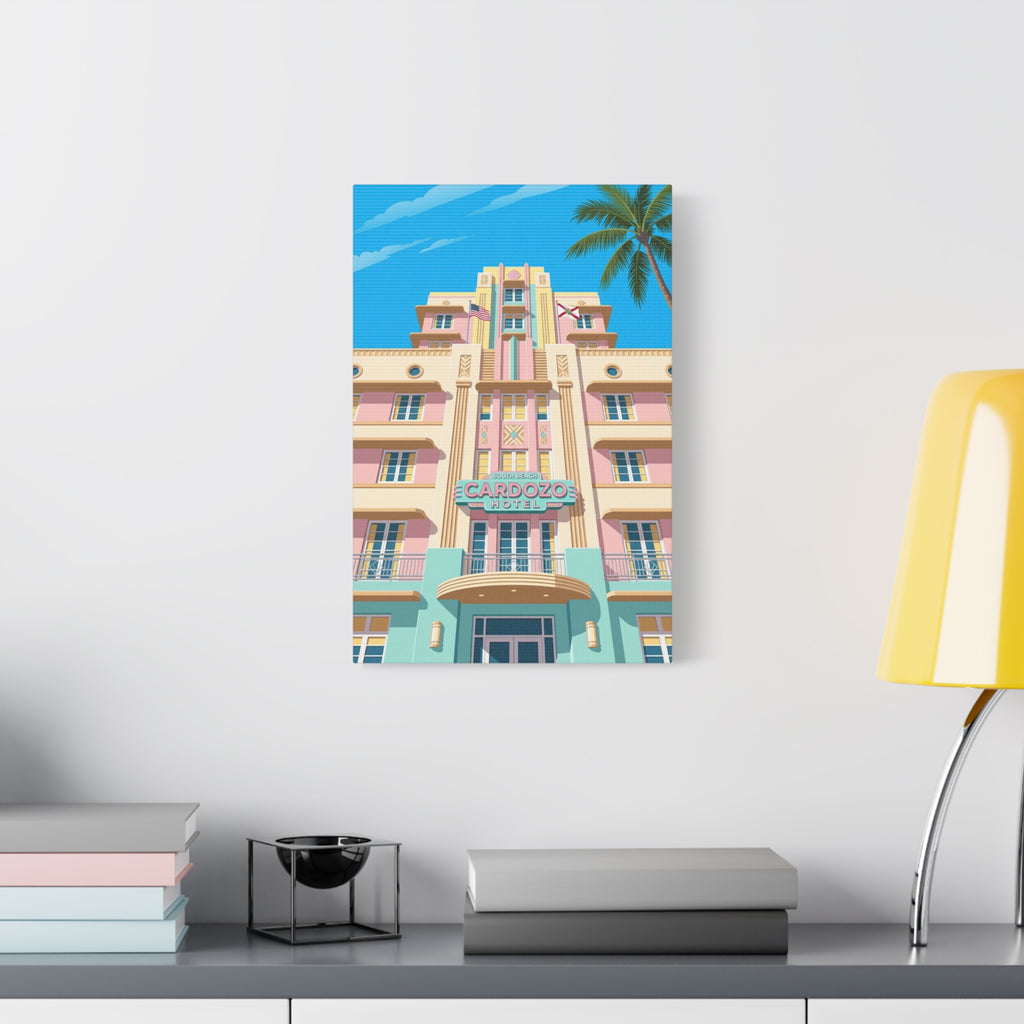 Art Deco Beach Hotel Canvas — Miami Palm Retro Stretched Wall Art