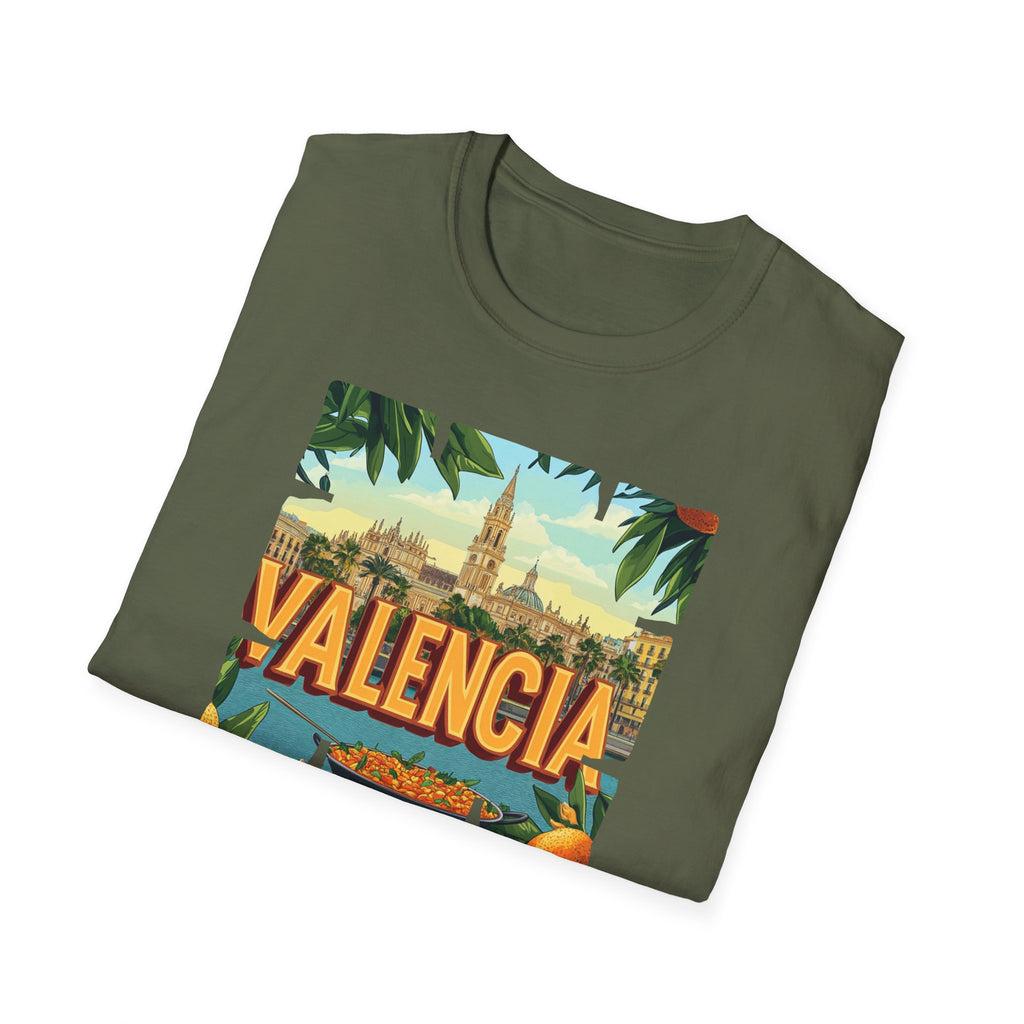 Valencia vintage travel postcard T-Shirt | Spain city skyline, oranges, palm leaves