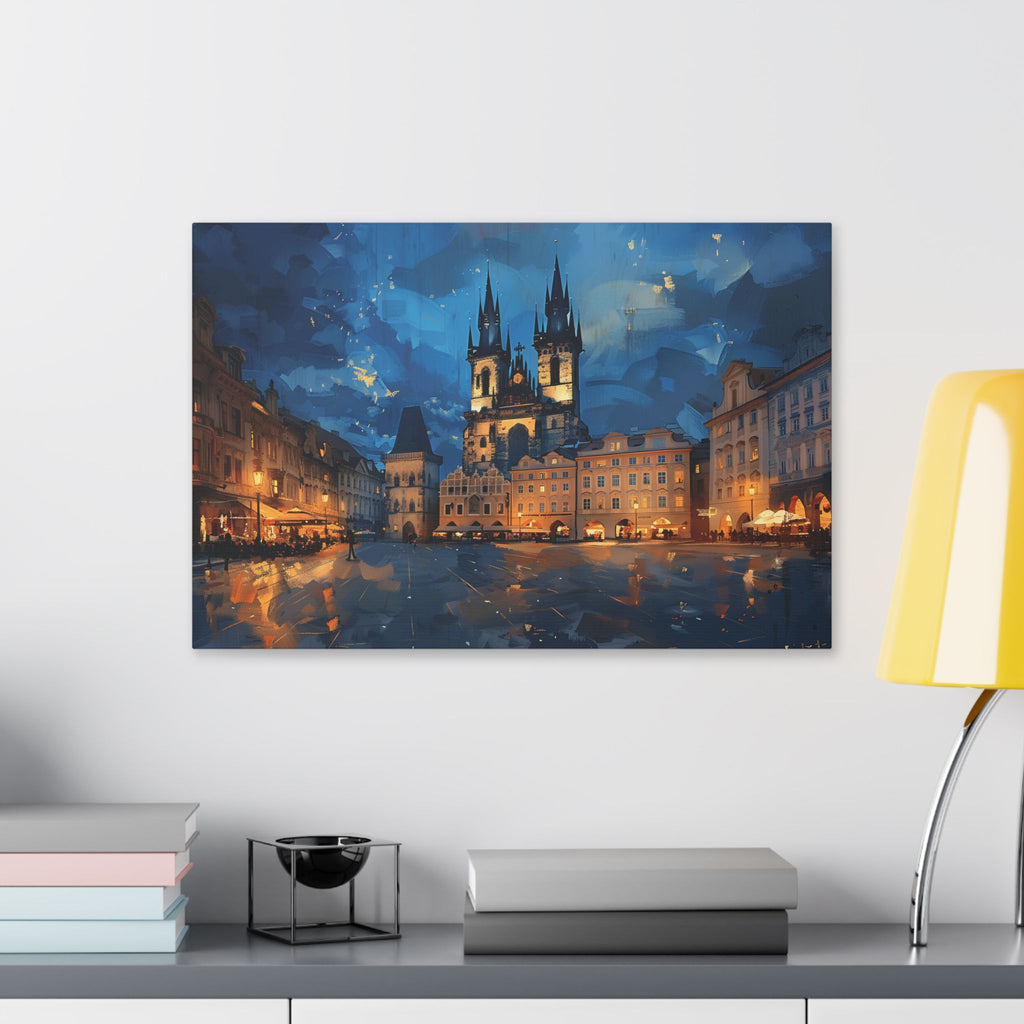 Prague Old Town Square Canvas Wall Art — Nighttime Cityscape Stretched Canvas