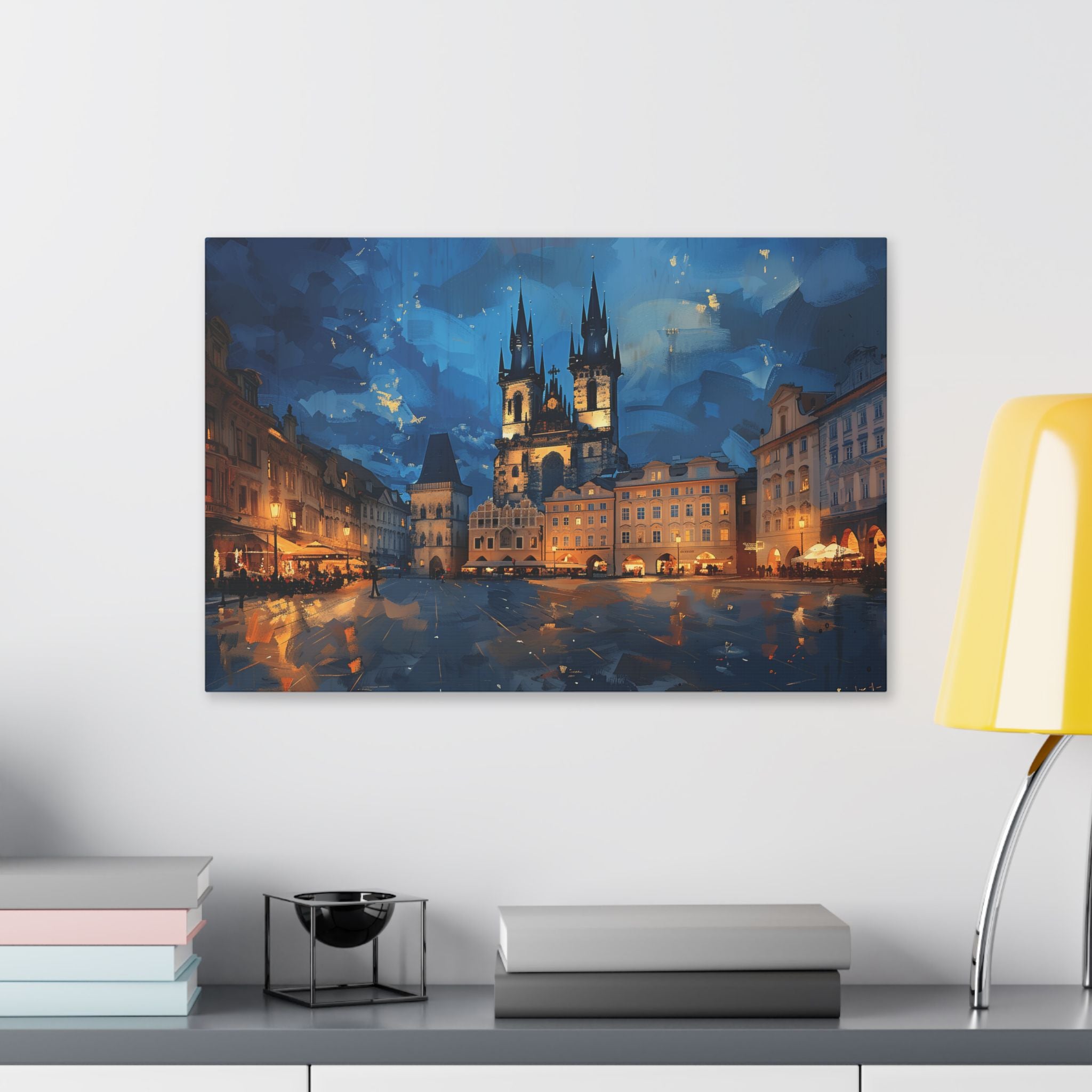 Prague Old Town Square Canvas Wall Art — Nighttime Cityscape Stretched Canvas