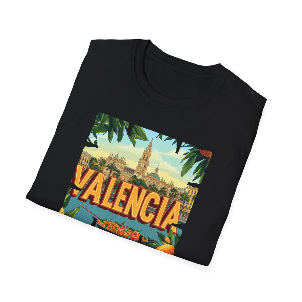 Valencia vintage travel postcard T-Shirt | Spain city skyline, oranges, palm leaves
