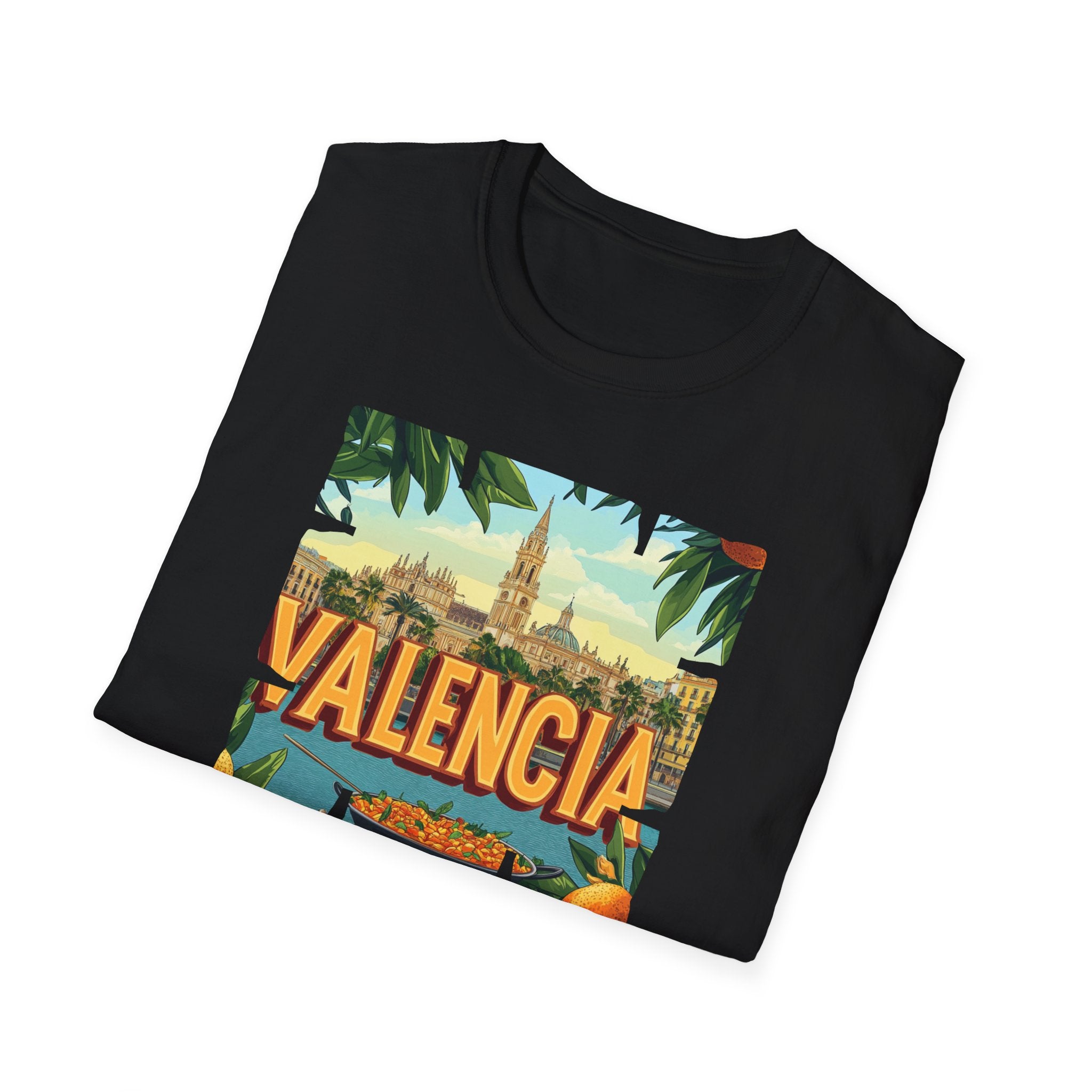 Valencia vintage travel postcard T-Shirt | Spain city skyline, oranges, palm leaves