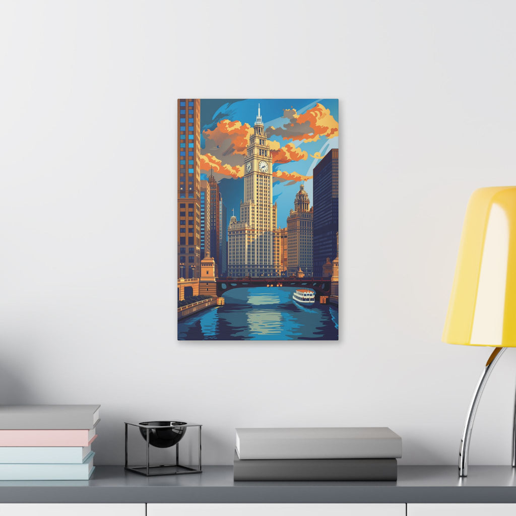 Chicago River Skyline Stretched Canvas — Vintage Cityscape Wall Art