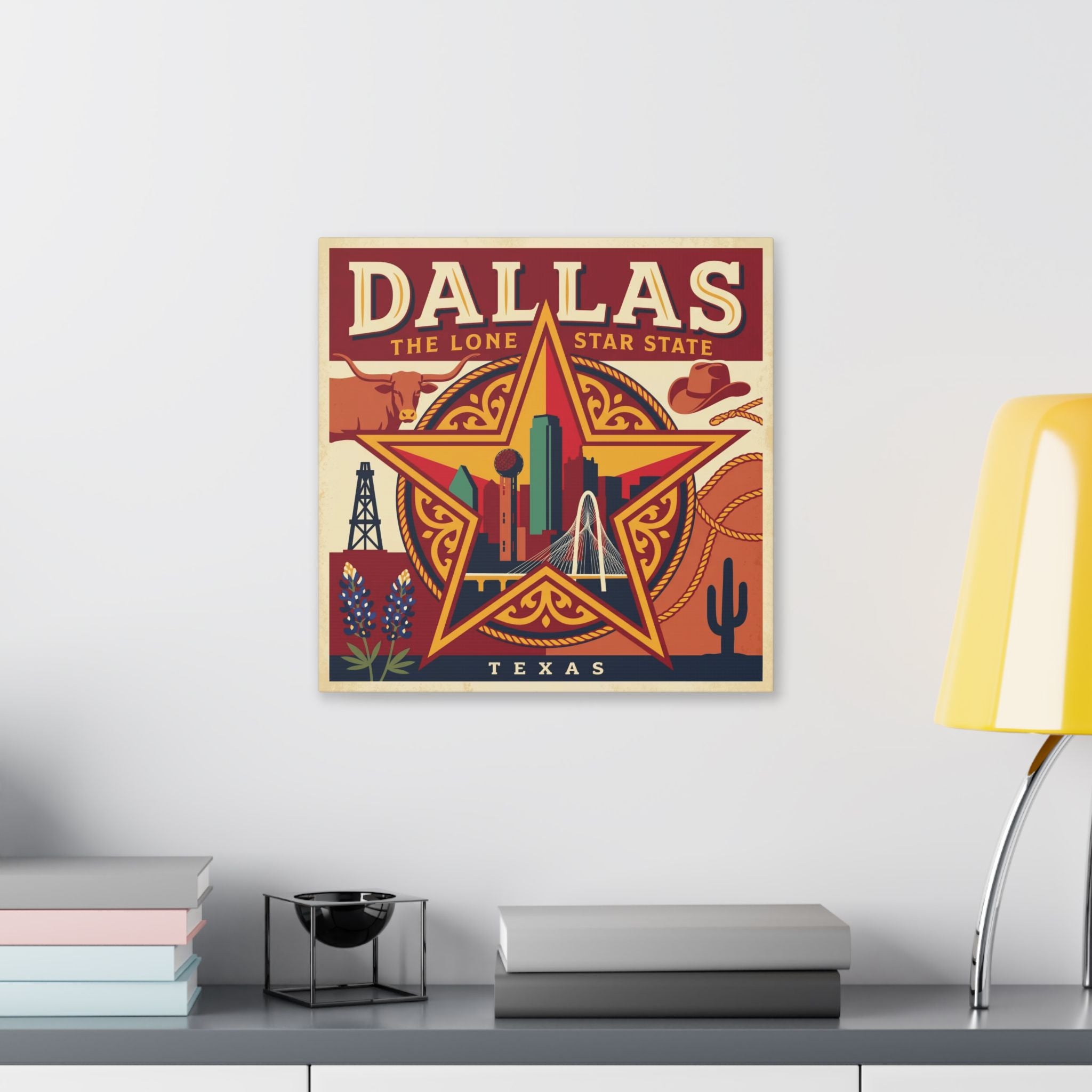 Dallas Lone Star Vintage Canvas Wall Art — Texas Skyline & Western Icons
