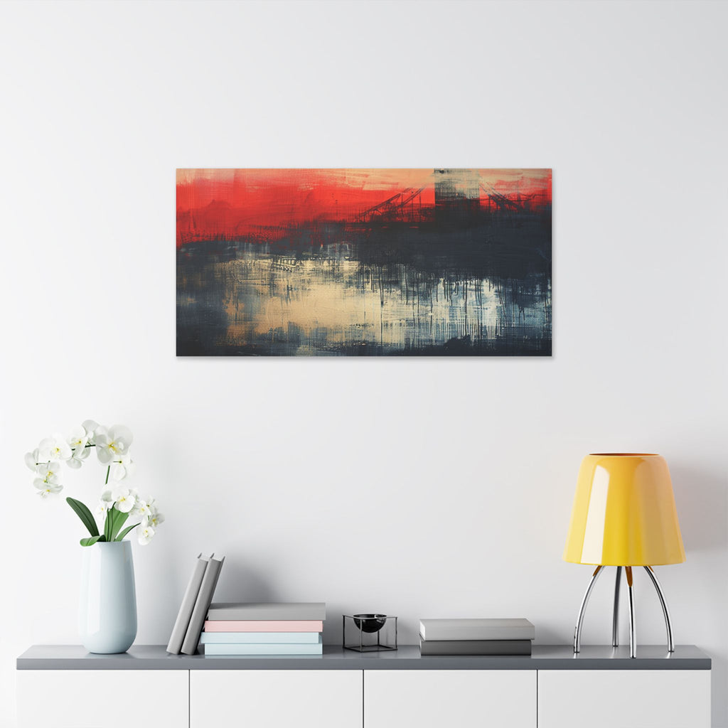 Abstract London Bridge Canvas Wall Art – Red & Navy Stretched Painting