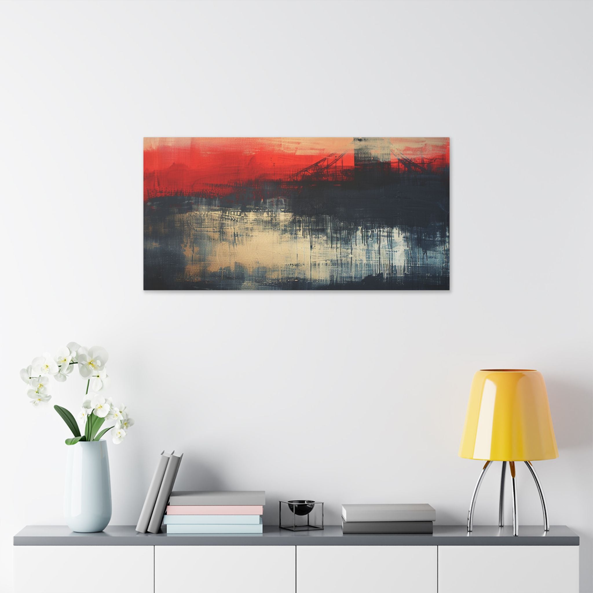 Abstract London Bridge Canvas Wall Art – Red & Navy Stretched Painting
