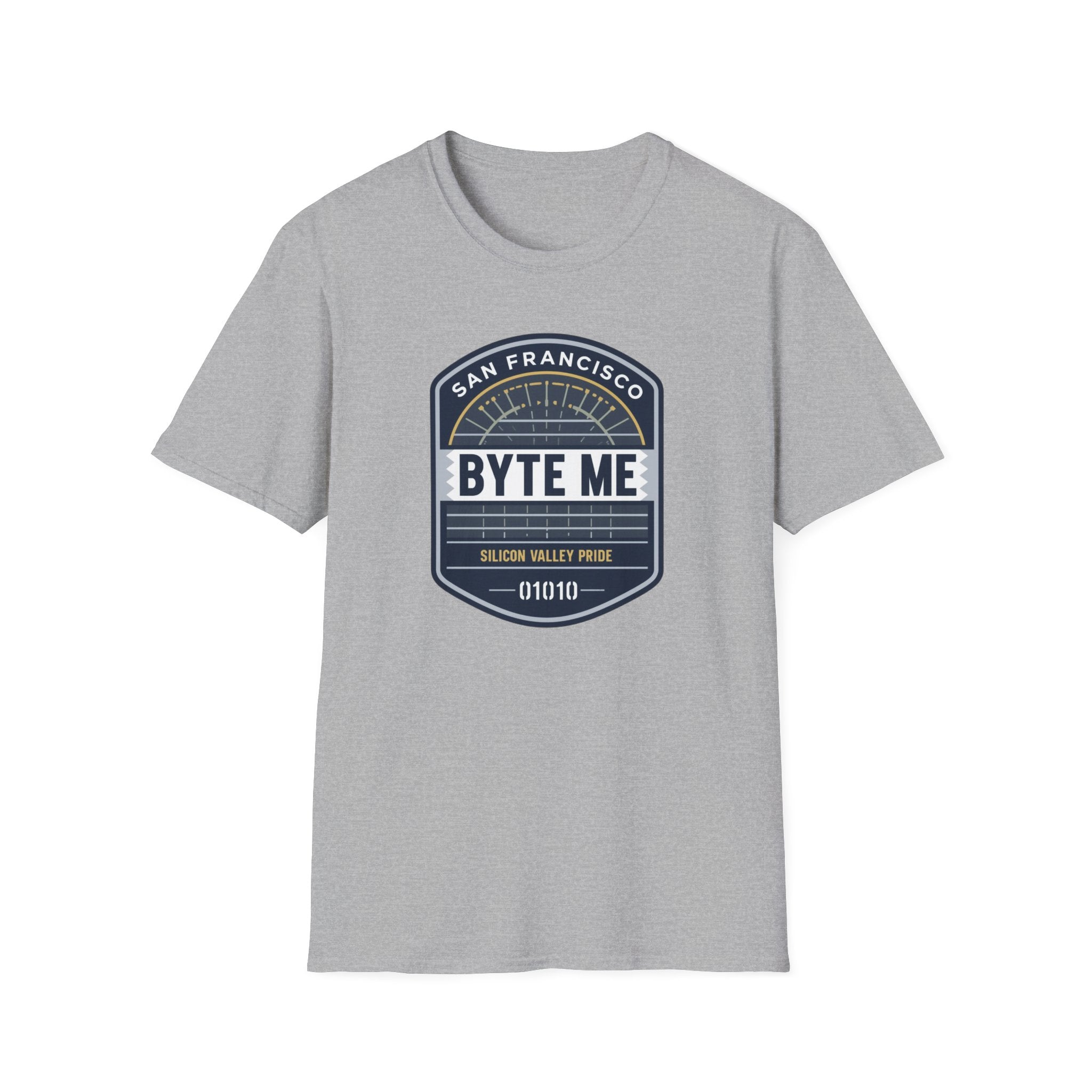 Byte Me San Francisco T-Shirt — Retro Tech Badge Tee (01010)