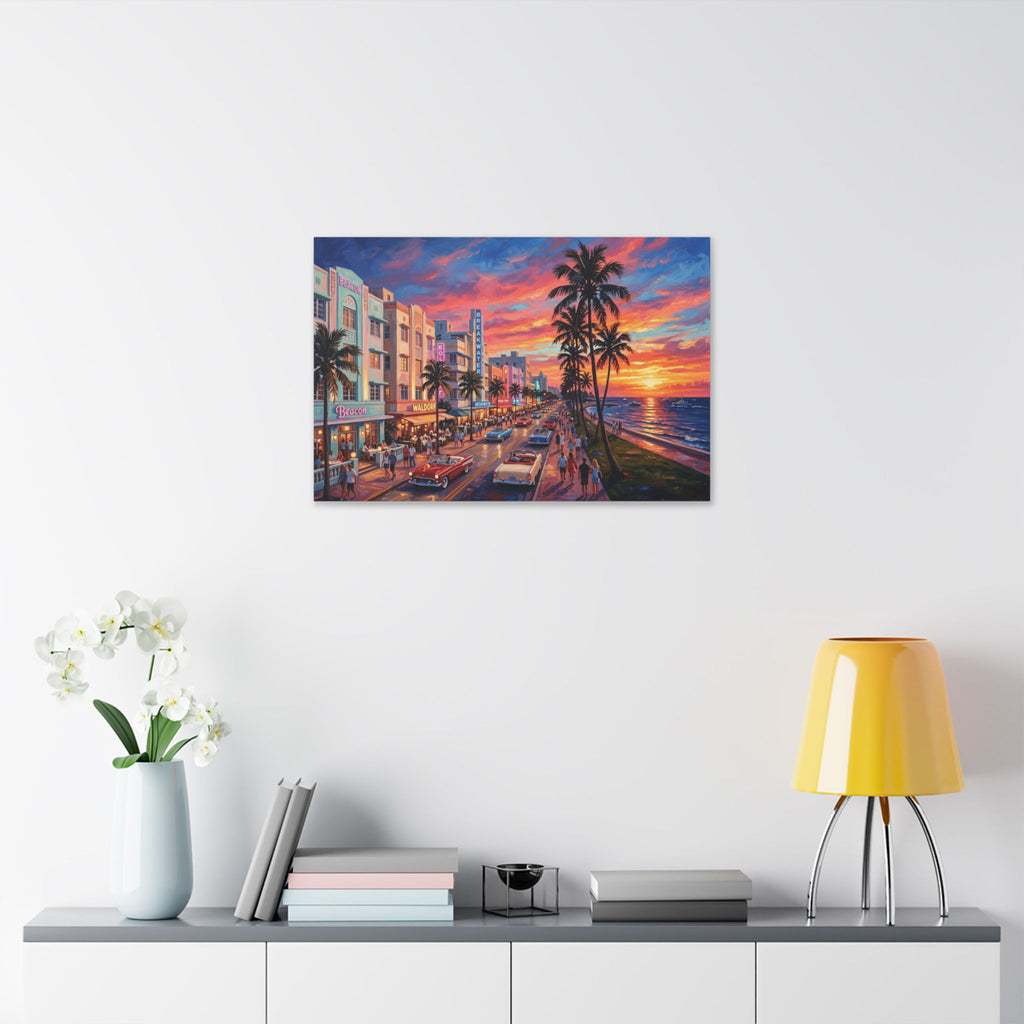 Miami Beach Sunset Canvas Print — Retro Ocean Drive Wall Art