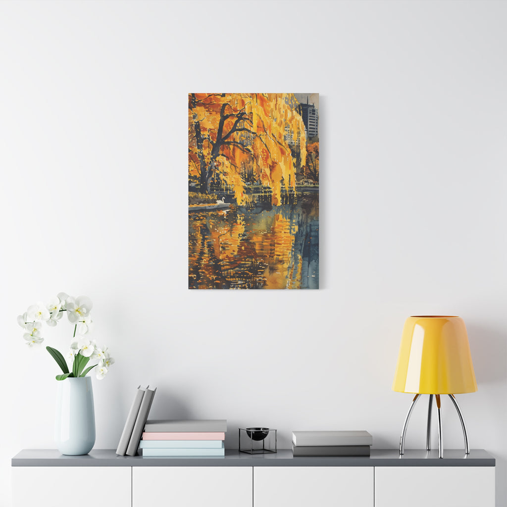 Boston Skyline with Hancock Tower in the background -Autumn Cityscape Canvas - Golden Willow Lake Stretched Wall Art