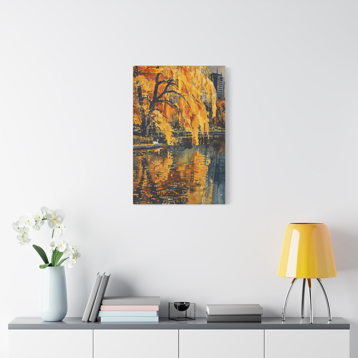 Boston Skyline with Hancock Tower in the background -Autumn Cityscape Canvas - Golden Willow Lake Stretched Wall Art