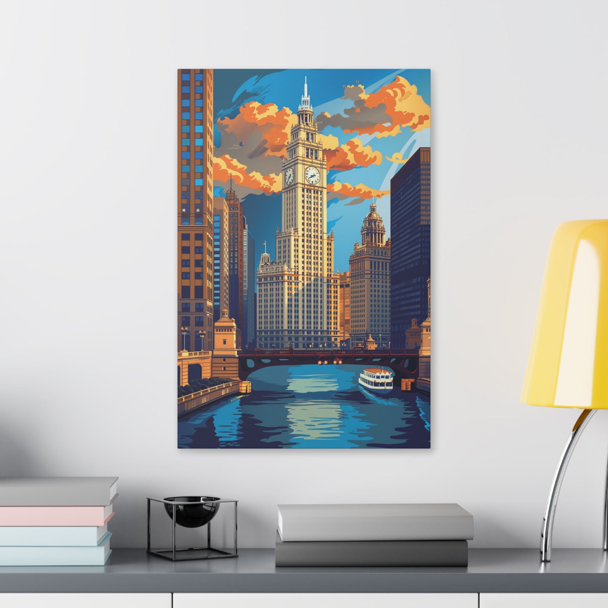 Chicago River Skyline Stretched Canvas — Vintage Cityscape Wall Art