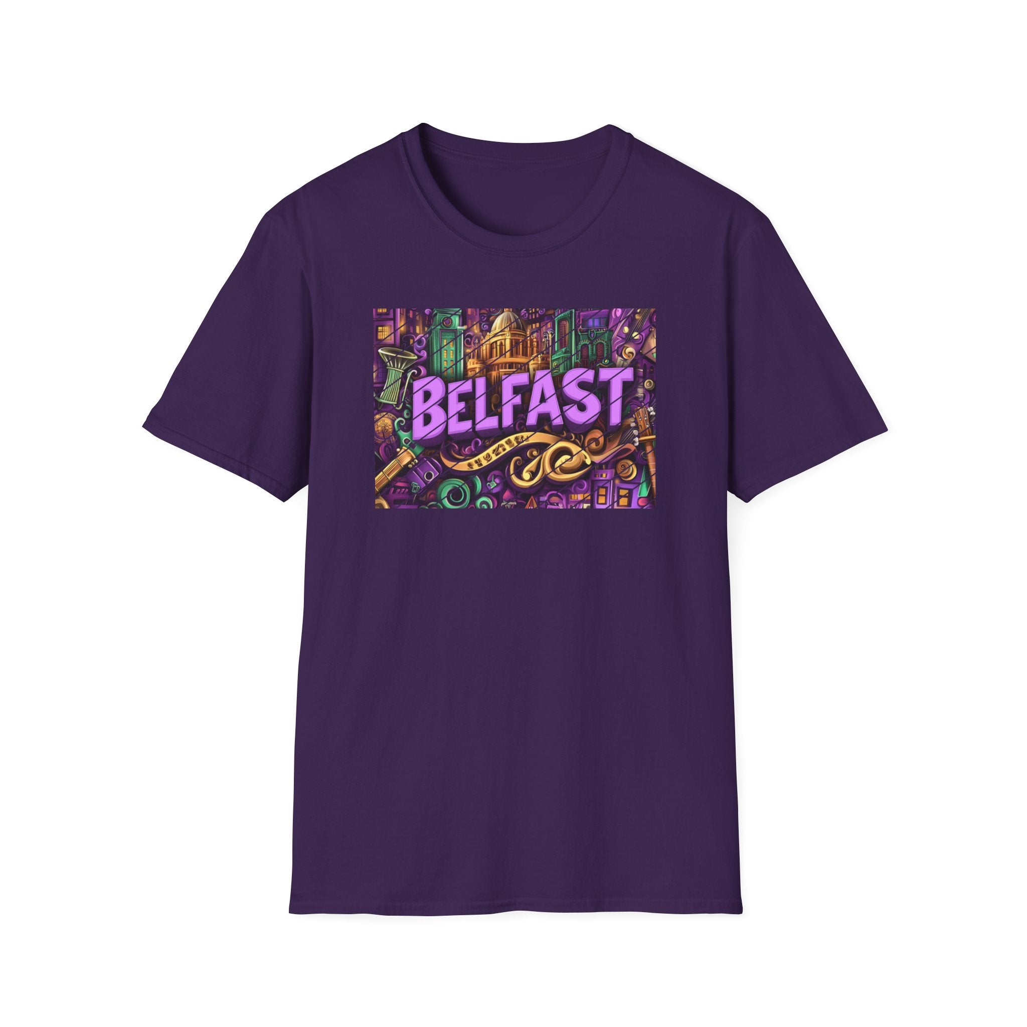 Belfast Neon Script T-Shirt | Retro Rainbow Stripes