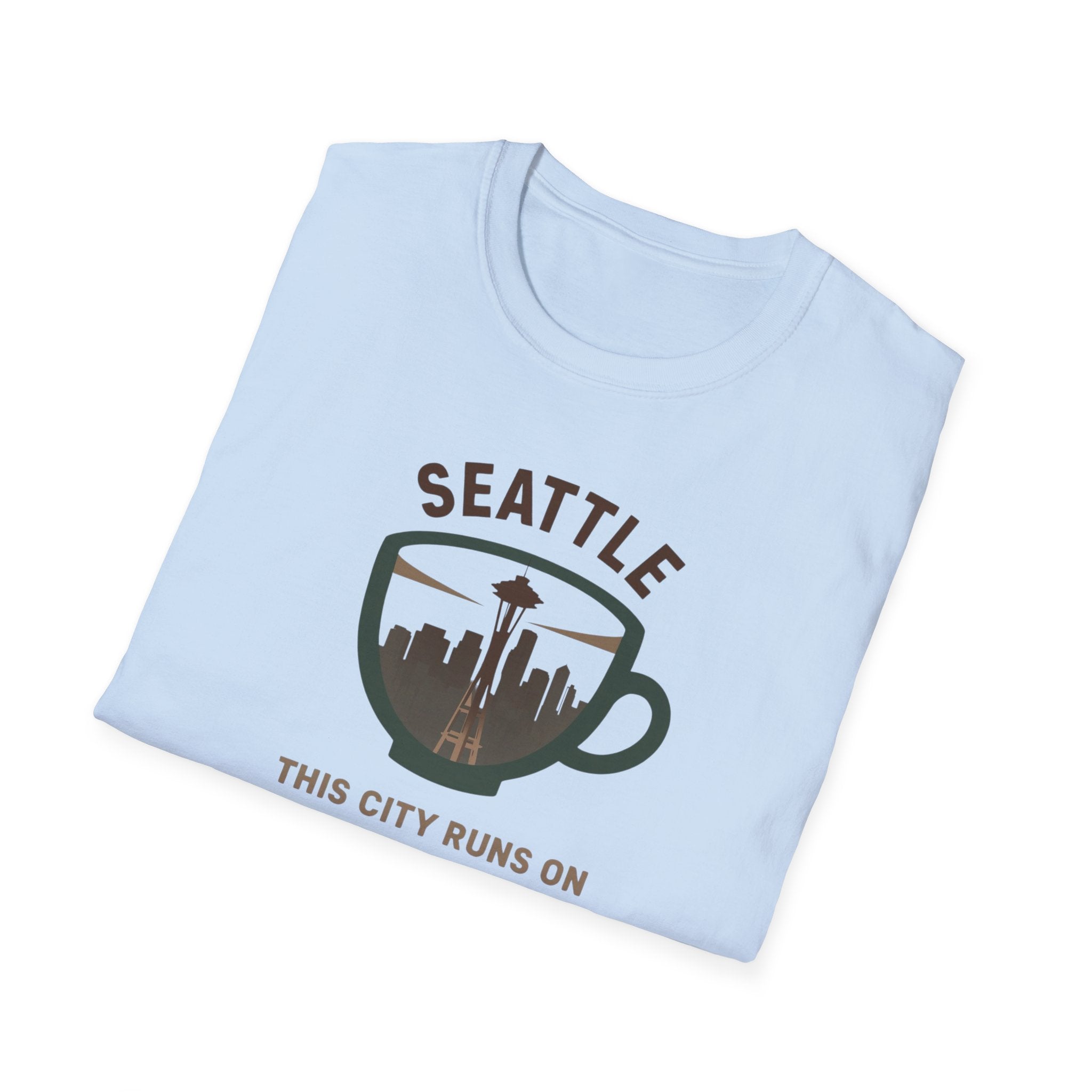Seattle Coffee City T-Shirt — "This City Runs on Caffeine and Chaos"