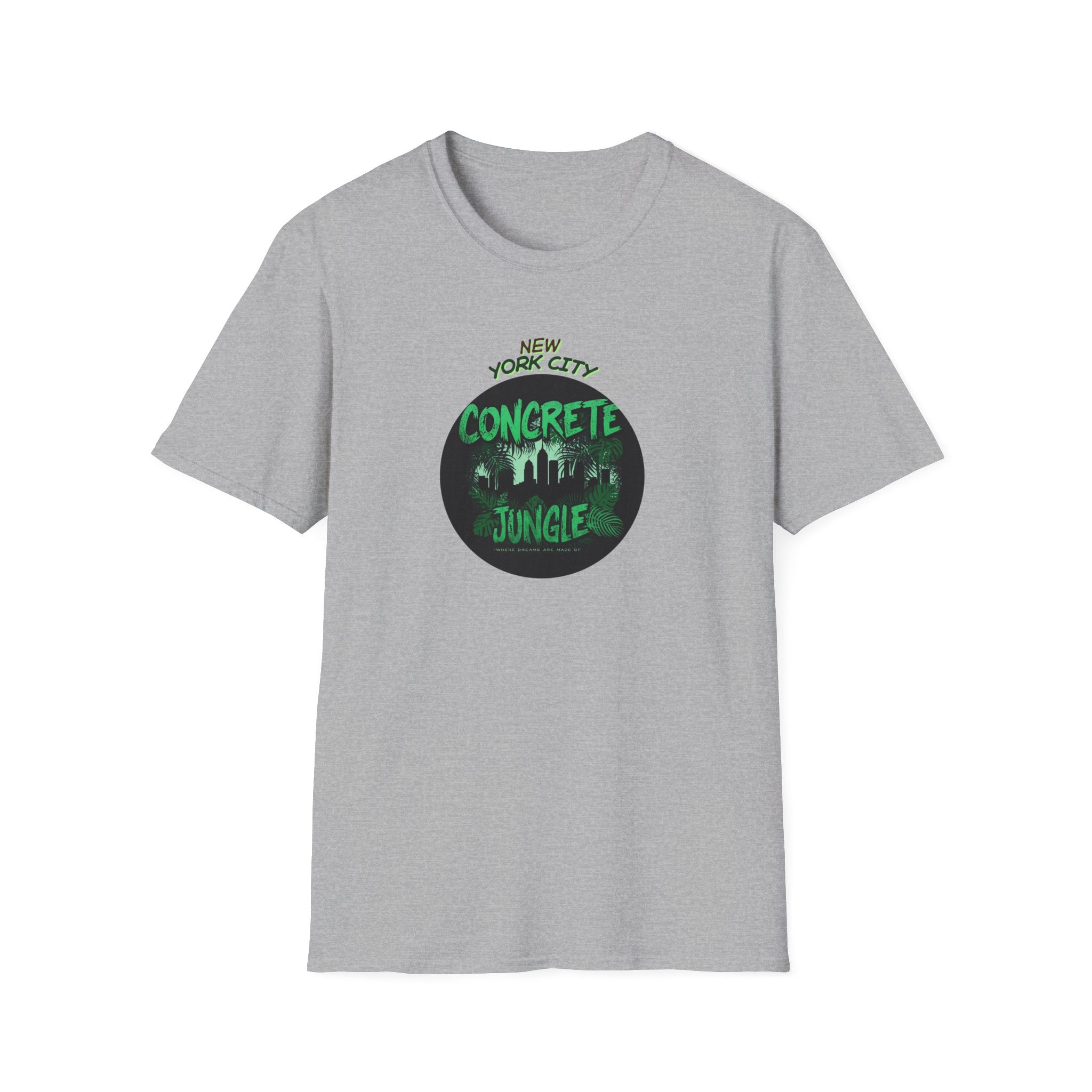 New York City Concrete Jungle T-Shirt | Skyline Silhouette, Green Badge