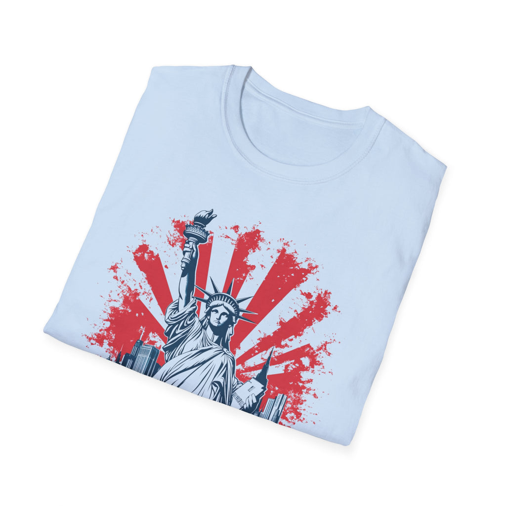 Statue of Liberty New York T-Shirt | City Skyline, Red Rays Graphic