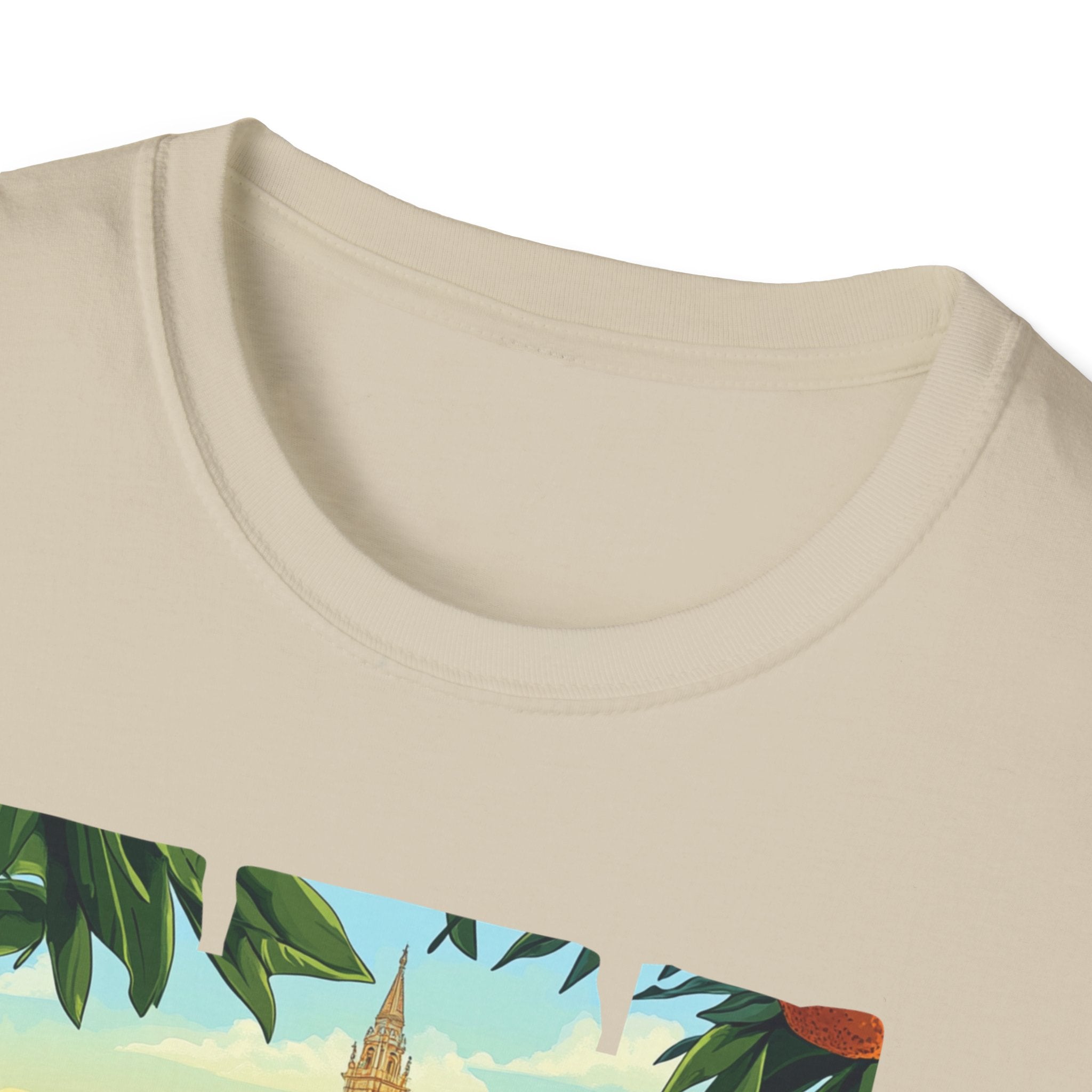 Valencia vintage travel postcard T-Shirt | Spain city skyline, oranges, palm leaves