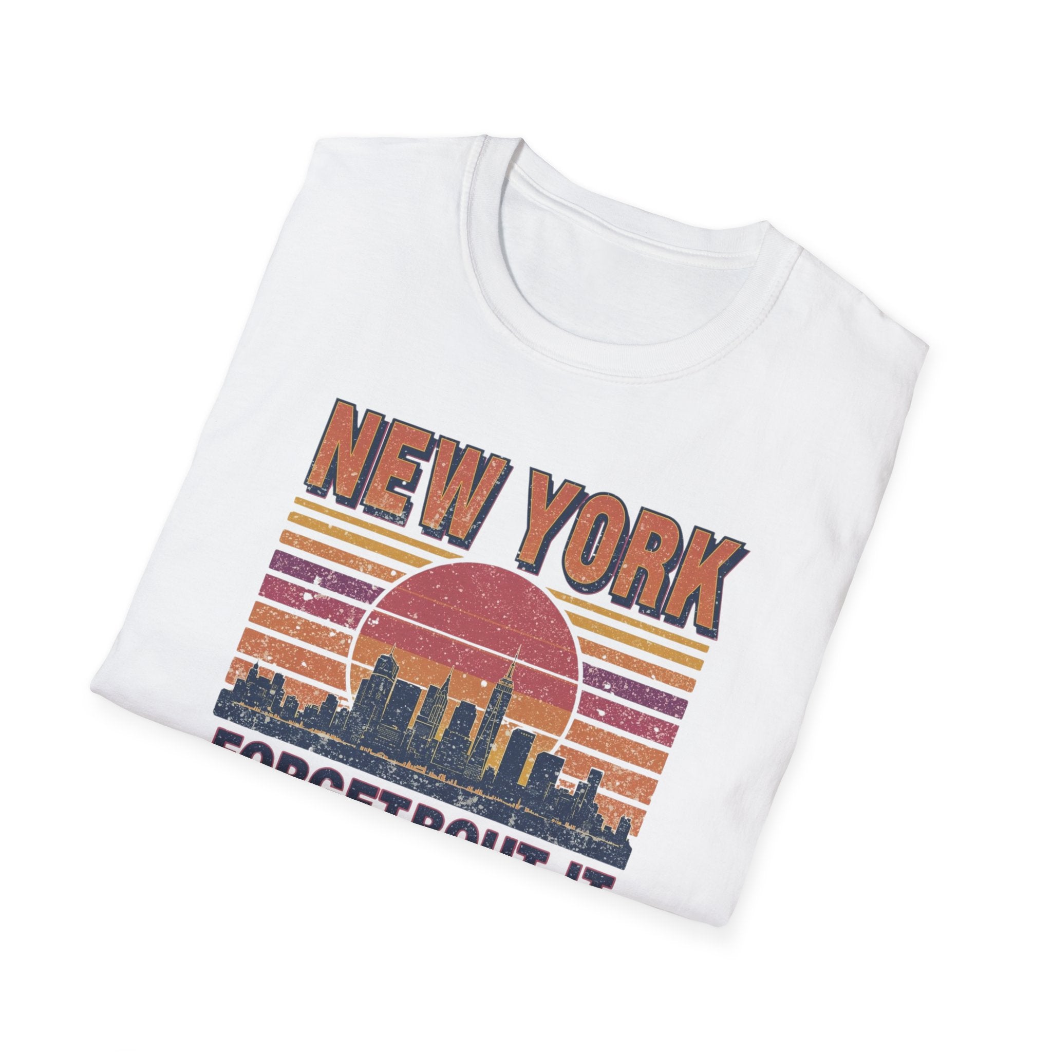New York Skyline T‑Shirt – “Forgetbout It” Vintage Sunset Tee