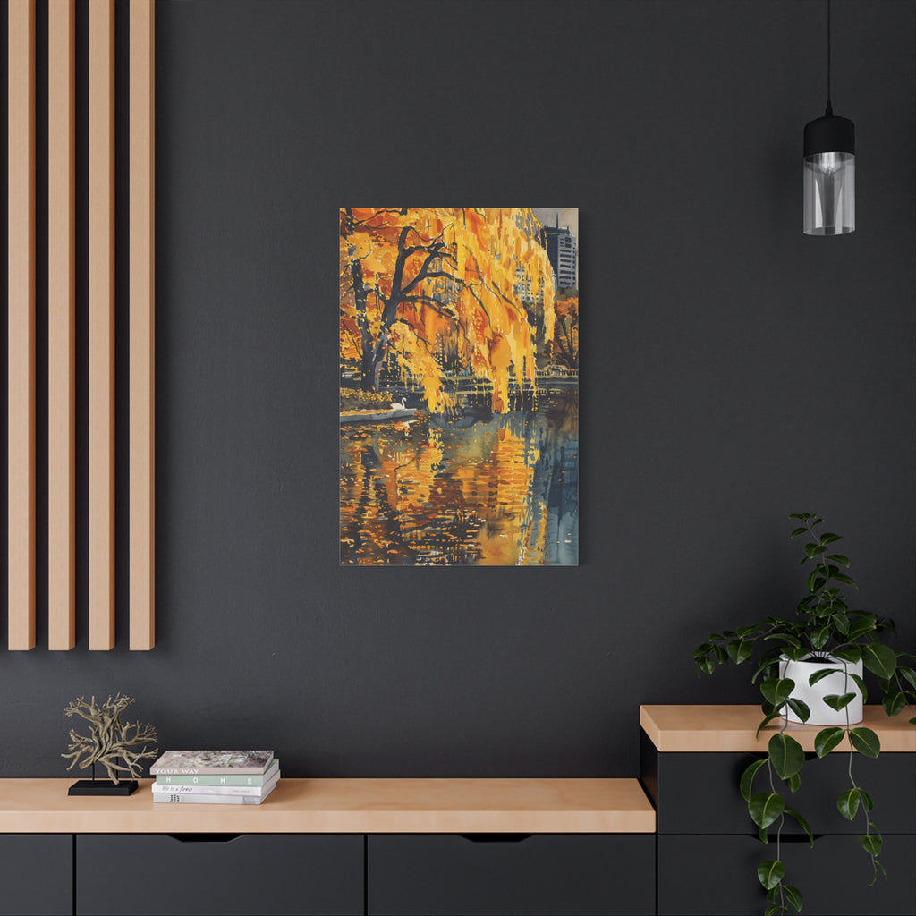 Boston Skyline with Hancock Tower in the background -Autumn Cityscape Canvas - Golden Willow Lake Stretched Wall Art