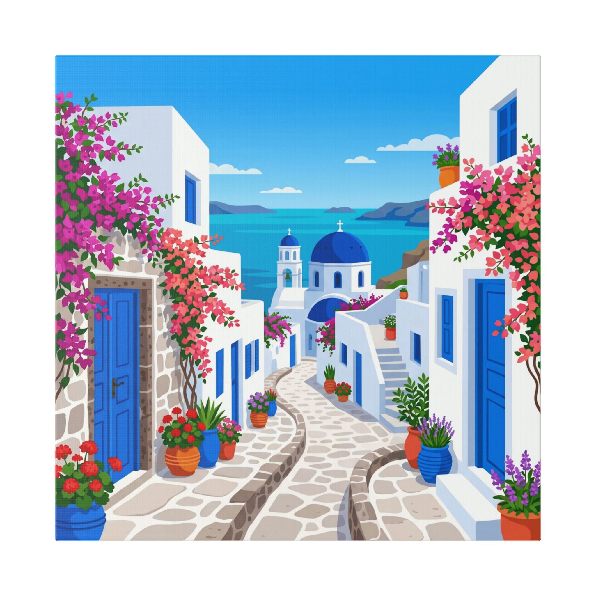 Santorini Seaside Alley Stretched Canvas Print