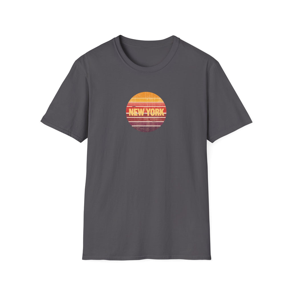 Retro Sunset New York T-Shirt | Vintage Striped City Graphic