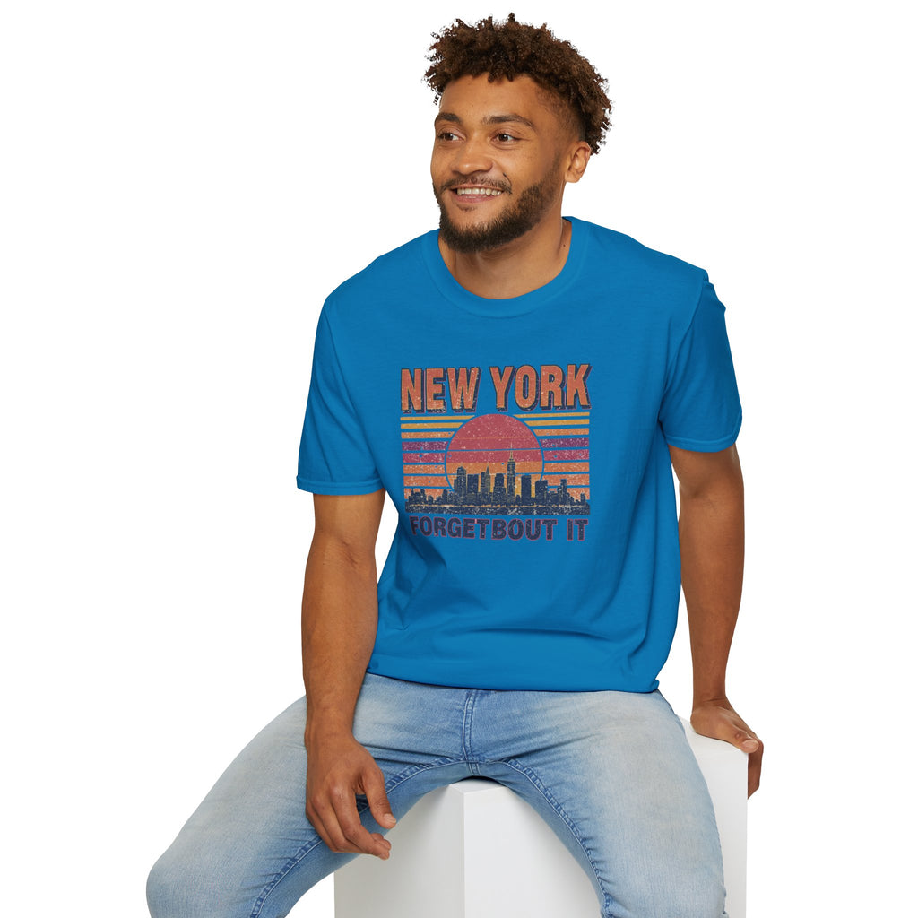 New York Skyline T‑Shirt – “Forgetbout It” Vintage Sunset Tee