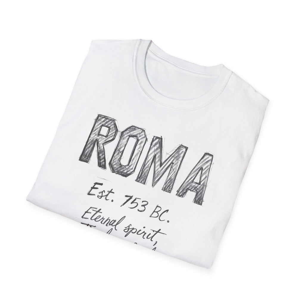Roma Vintage Script T-Shirt — 'Roma Est. 753 BC, Eternal spirit, Timeless soul'