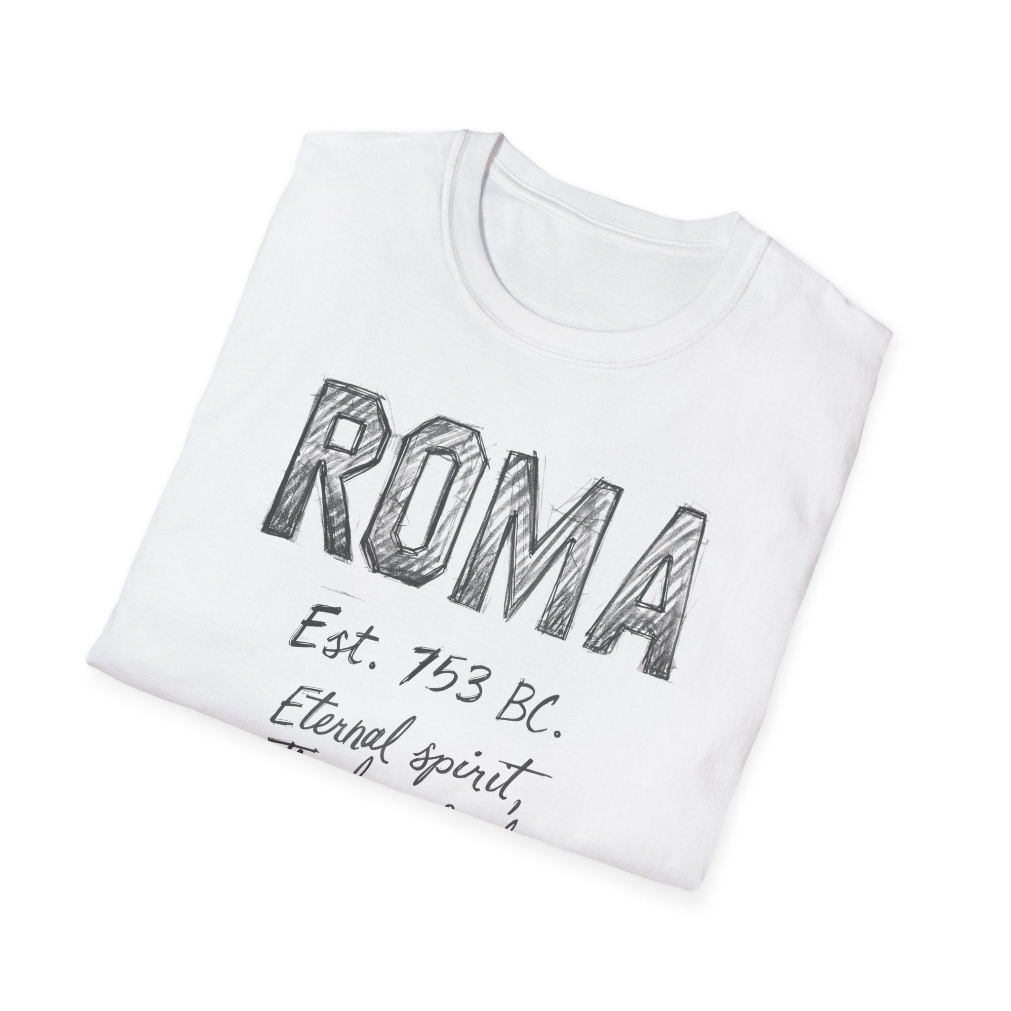 Roma Vintage Script T-Shirt — 'Roma Est. 753 BC, Eternal spirit, Timeless soul'