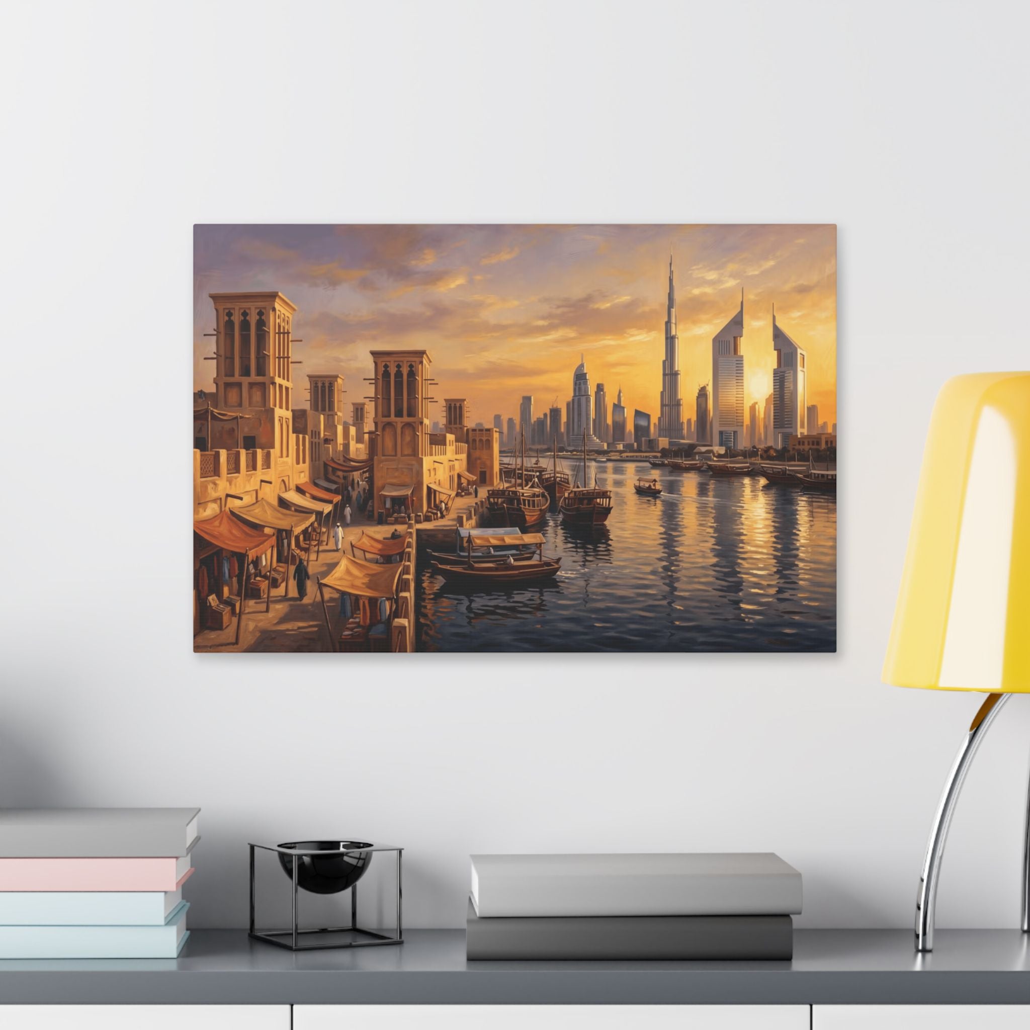 Dubai Skyline Canvas Print — Sunset Old Town Harbor Wall Art