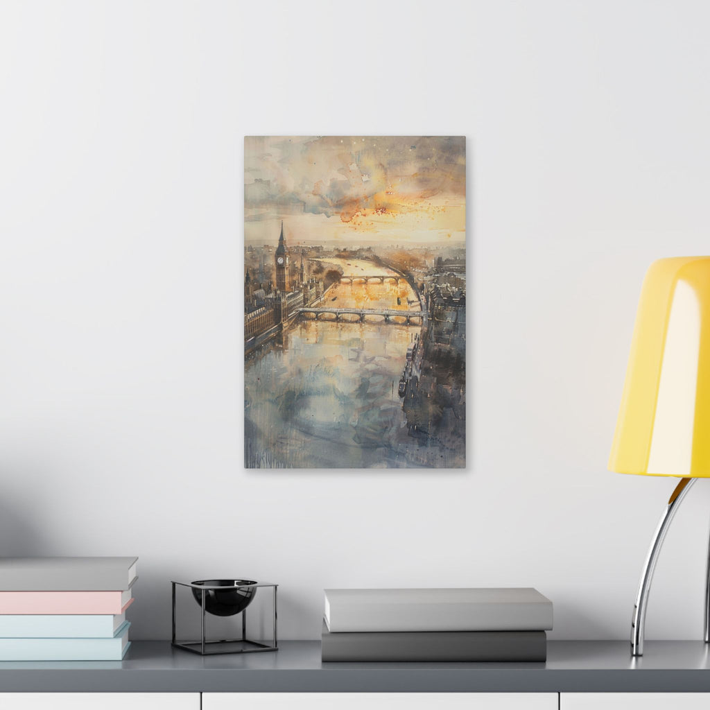 London River Sunset Canvas Print — Watercolor Cityscape Wall Art