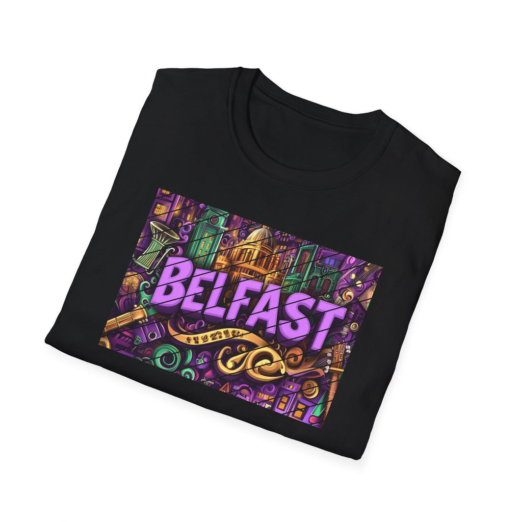 Belfast Neon Script T-Shirt | Retro Rainbow Stripes