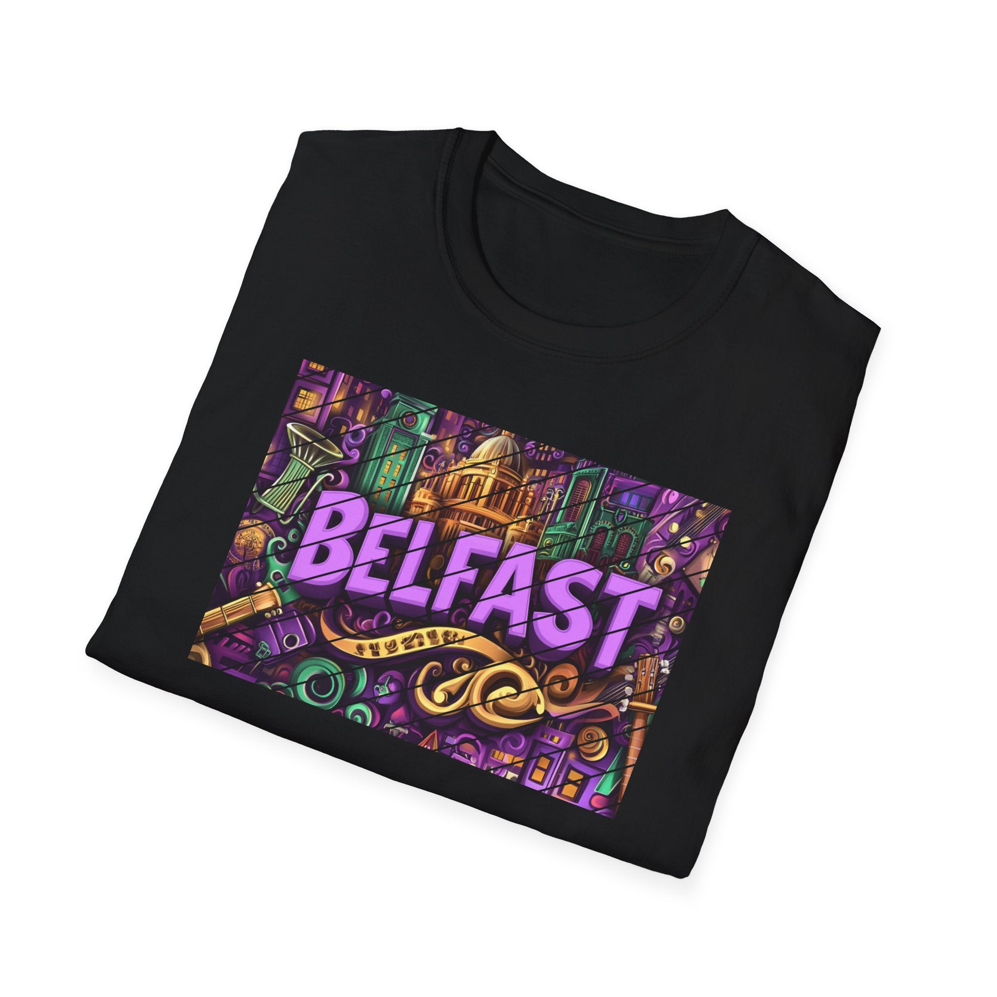 Belfast Neon Script T-Shirt | Retro Rainbow Stripes