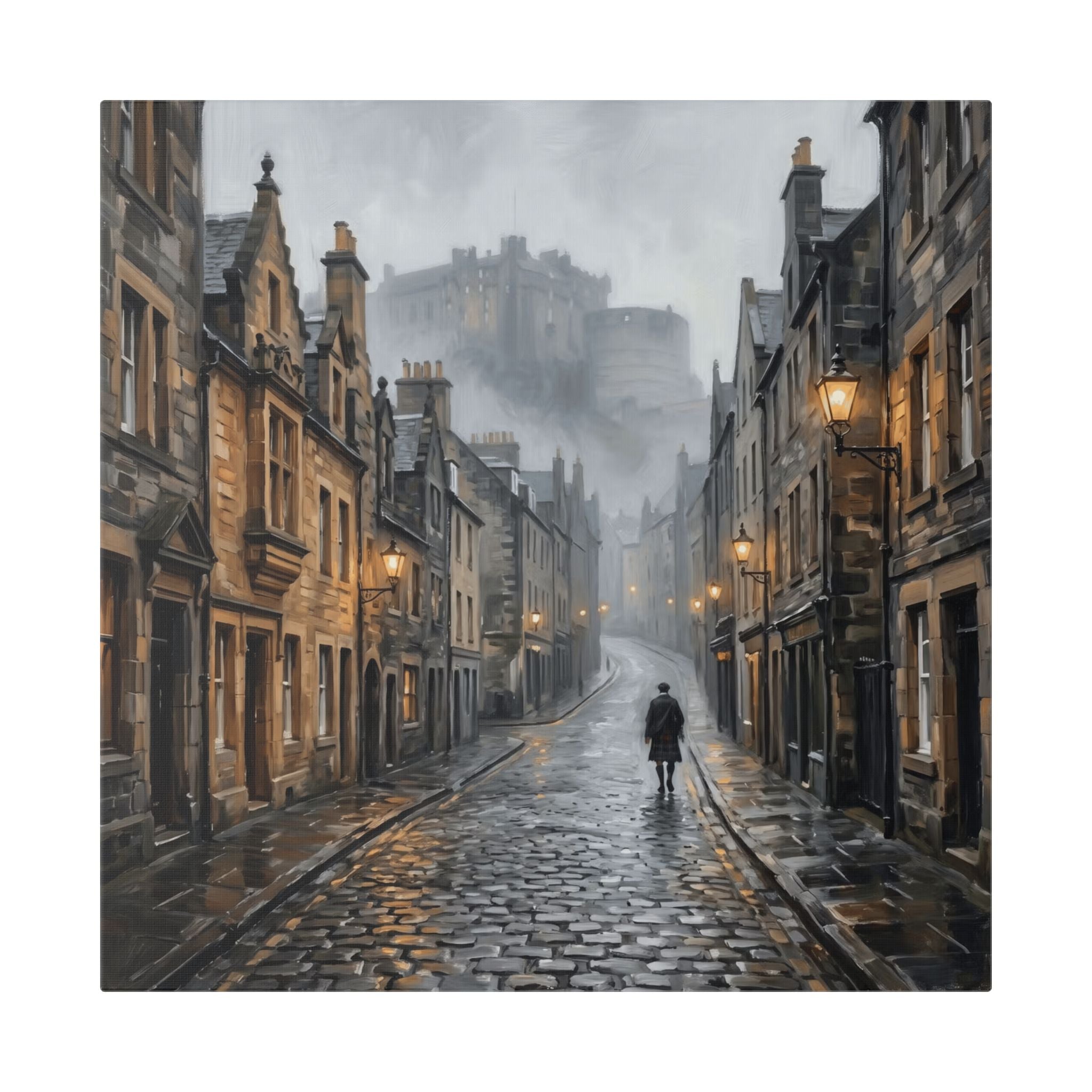 Edinburgh Royal Mile - Canongate to Edinburgh Castle - Vintage Cobblestone Street Canvas — Moody Cityscape Wall Art