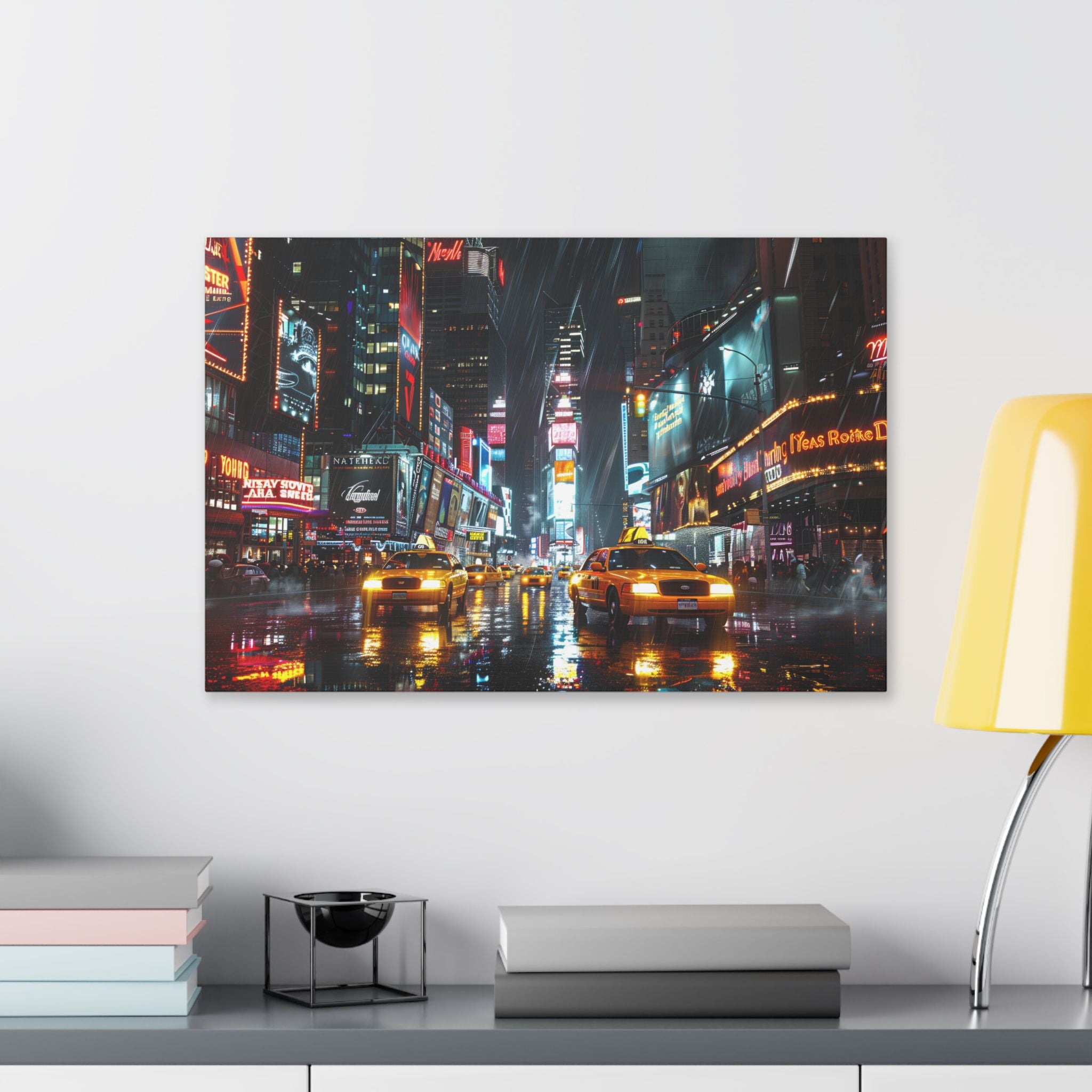New York Night Street Canvas Print — Rainy Times Square Taxi Wall Art