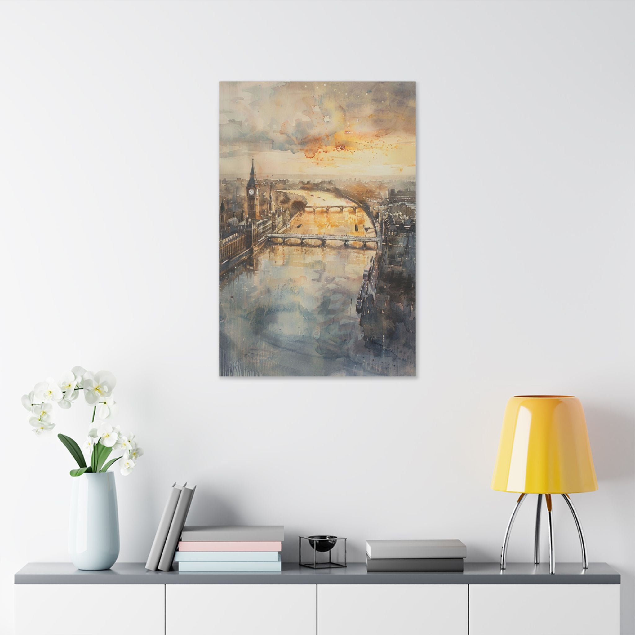 London River Sunset Canvas Print — Watercolor Cityscape Wall Art
