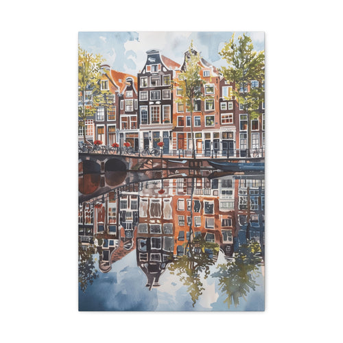 Amsterdam Canal Reflection Canvas Print — European Cityscape Wall Art