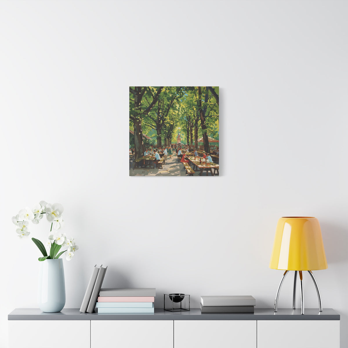 Biergarten Canvas Wall Art — Sunny Tree-Lined Outdoor Market Scene